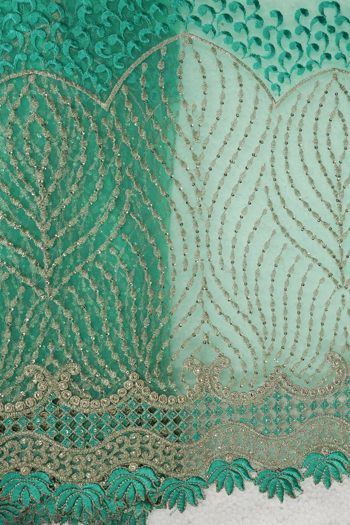Big Width''56'' Mint Green Thread With Zari Traditional Embroidery Work On Mint Green Soft Net Fabric With Border - doeraa