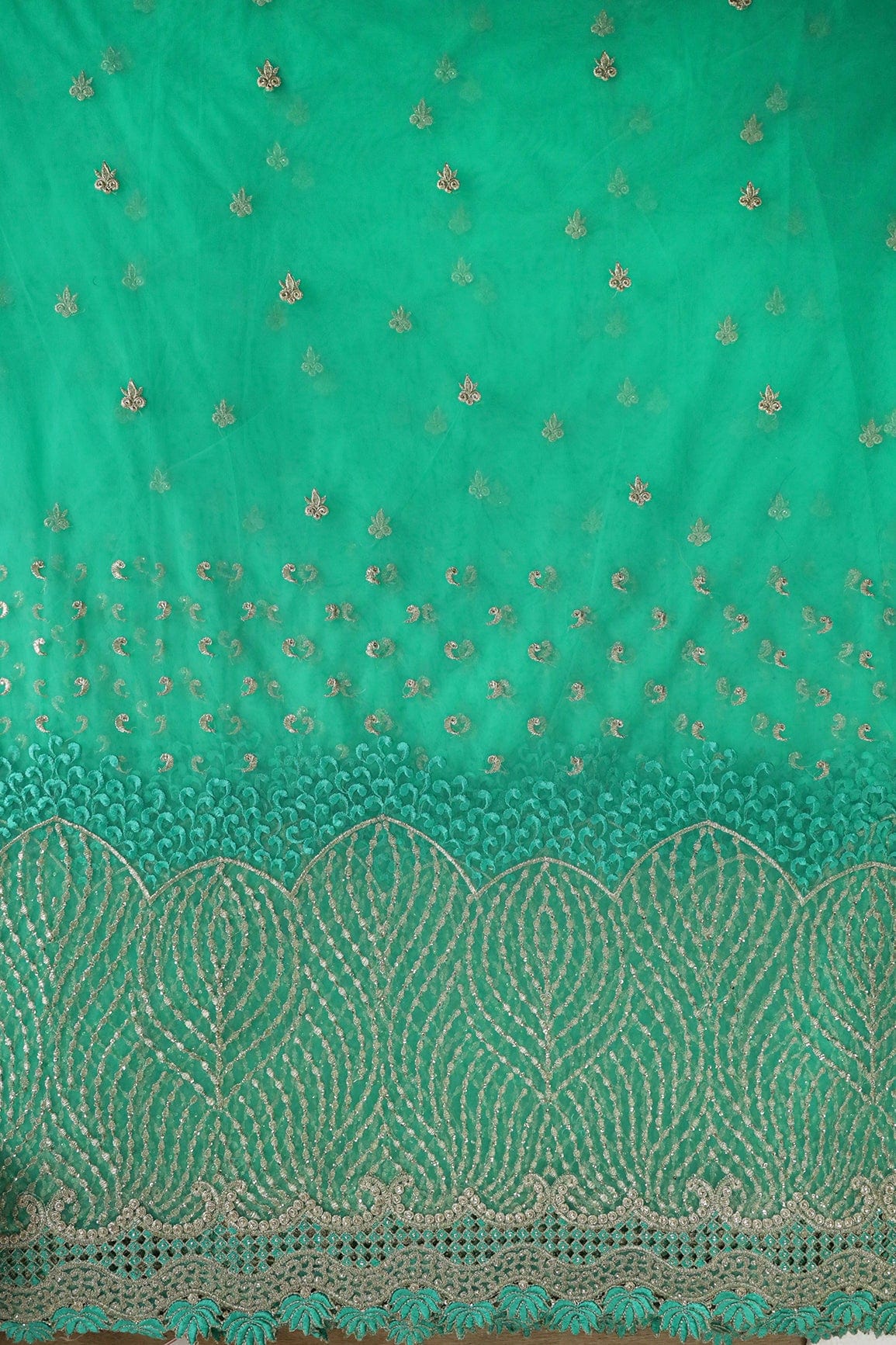 Big Width''56'' Mint Green Thread With Zari Traditional Embroidery Work On Mint Green Soft Net Fabric With Border - doeraa