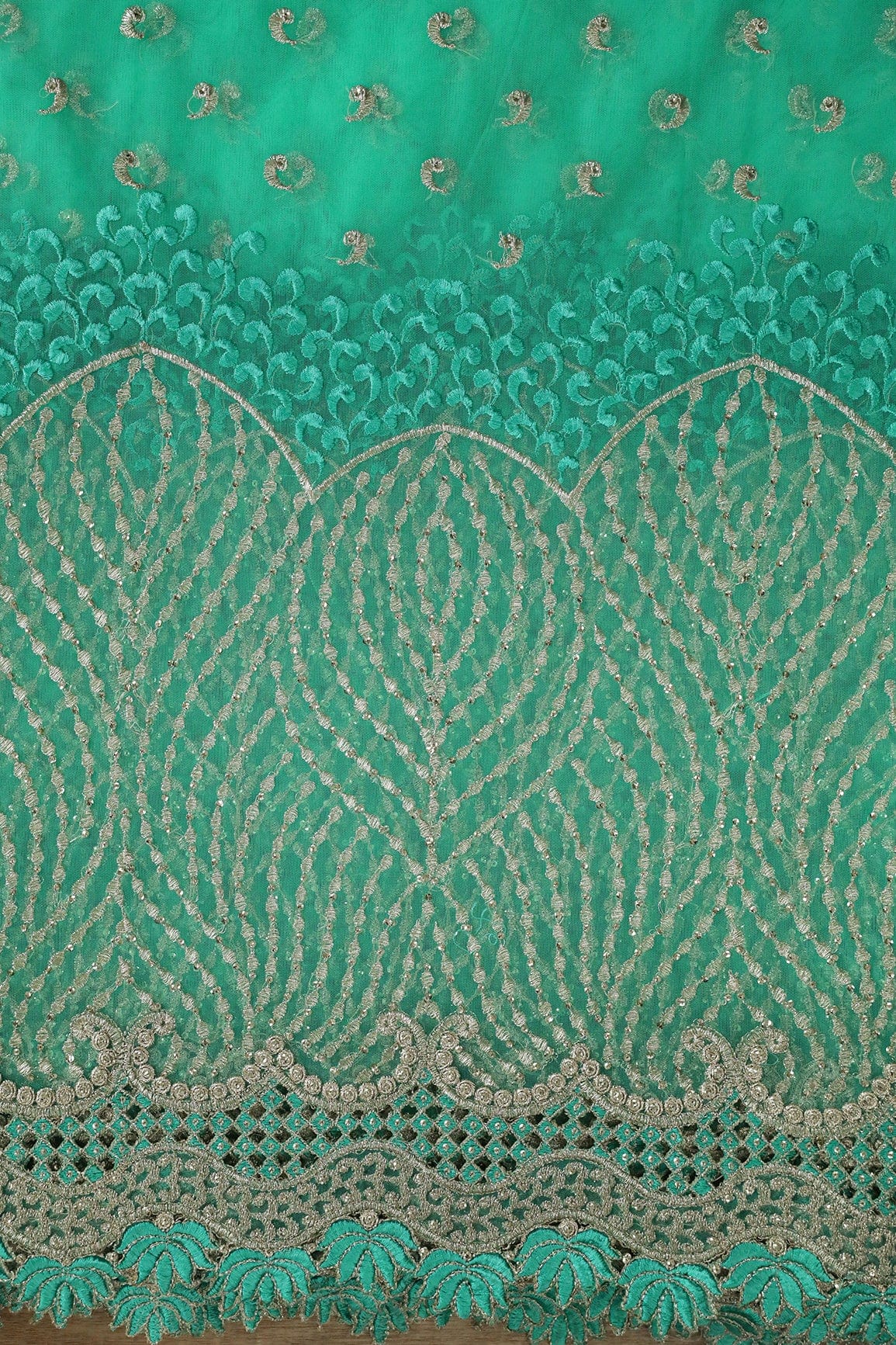 Big Width''56'' Mint Green Thread With Zari Traditional Embroidery Work On Mint Green Soft Net Fabric With Border - doeraa