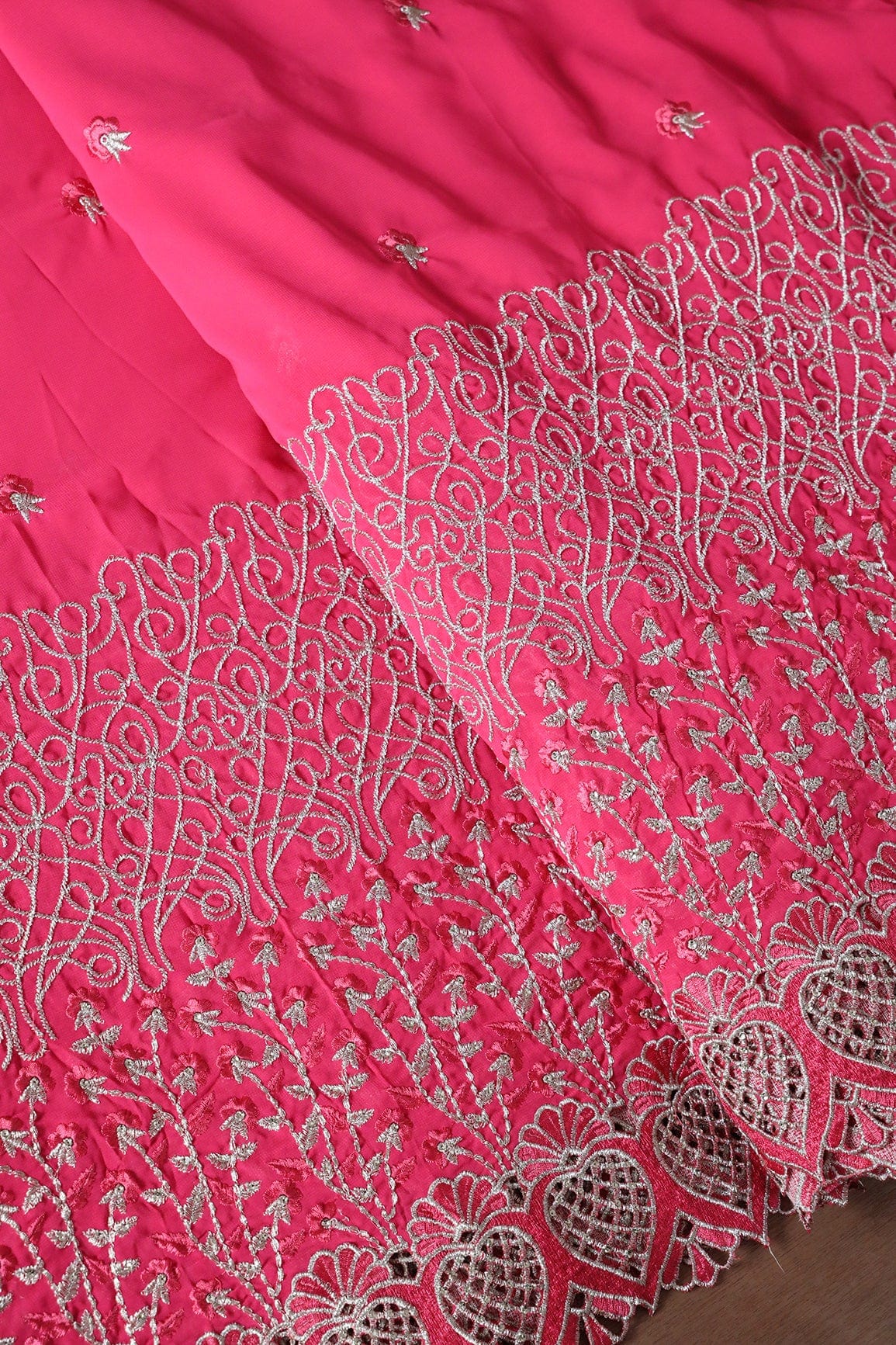 Big Width''56'' Pink Thread With Zari Floral Embroidery Work On Gajri Pink Georgette Fabric With Border - doeraa