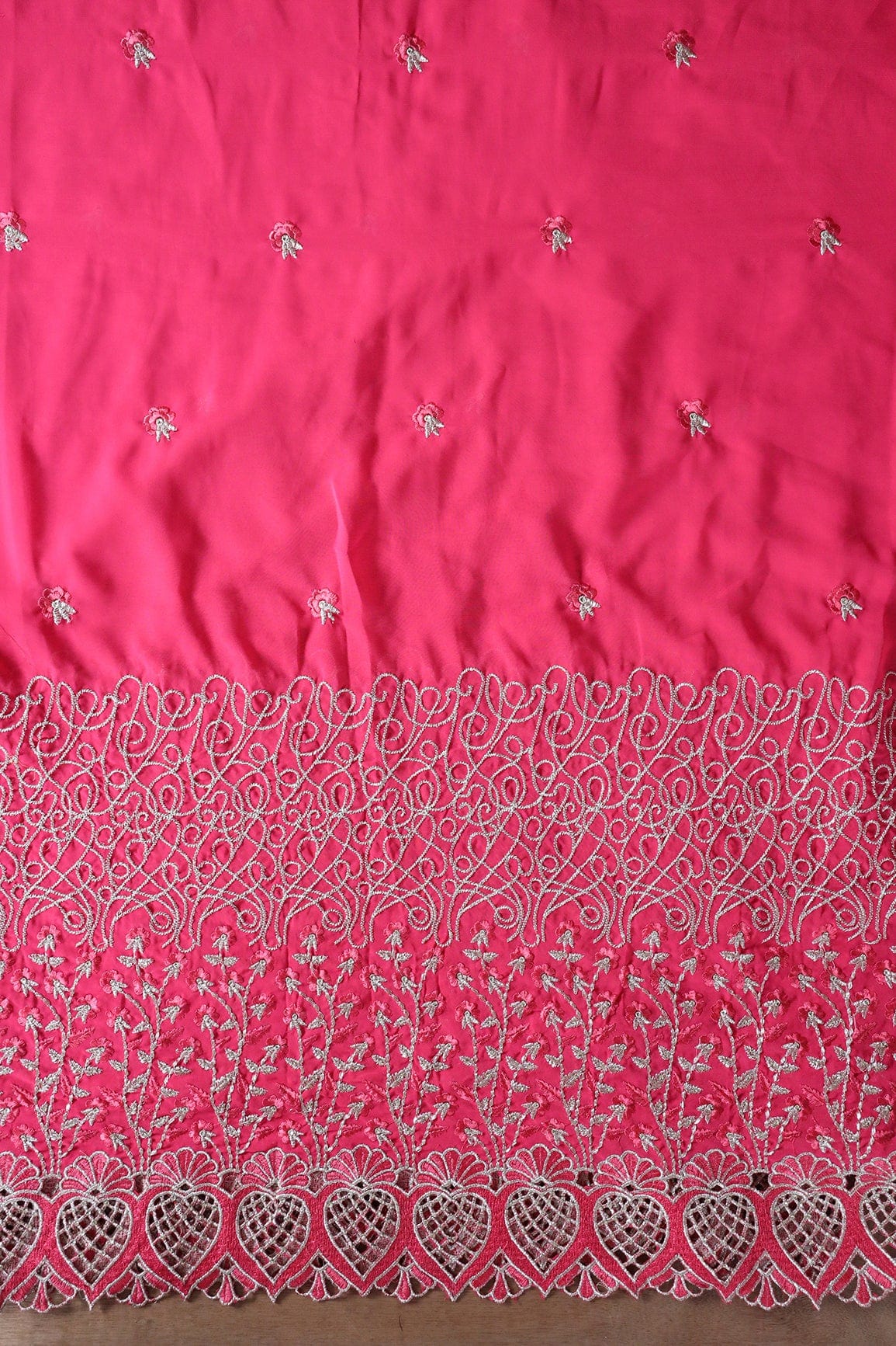Big Width''56'' Pink Thread With Zari Floral Embroidery Work On Gajri Pink Georgette Fabric With Border - doeraa