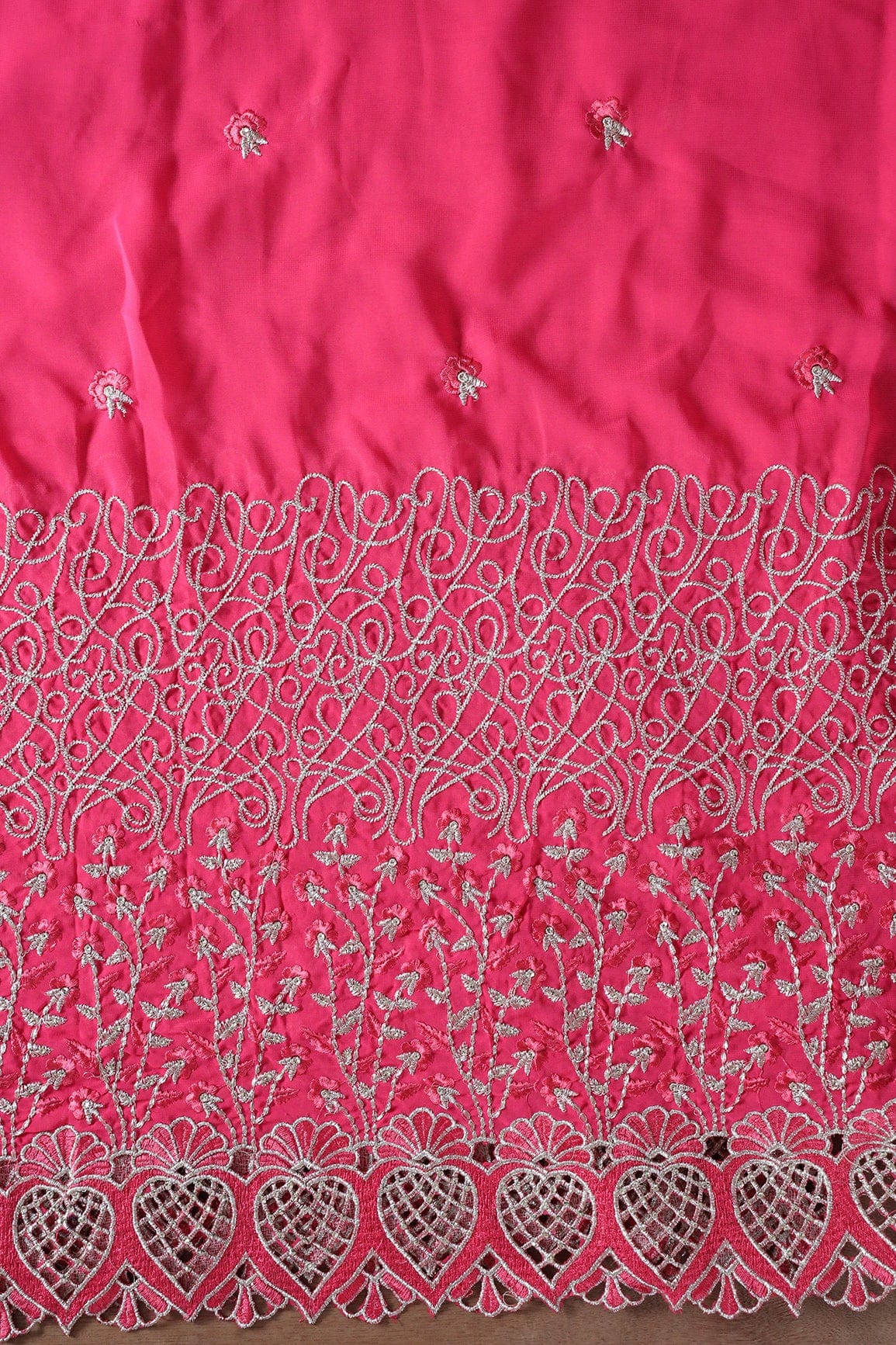 Big Width''56'' Pink Thread With Zari Floral Embroidery Work On Gajri Pink Georgette Fabric With Border - doeraa