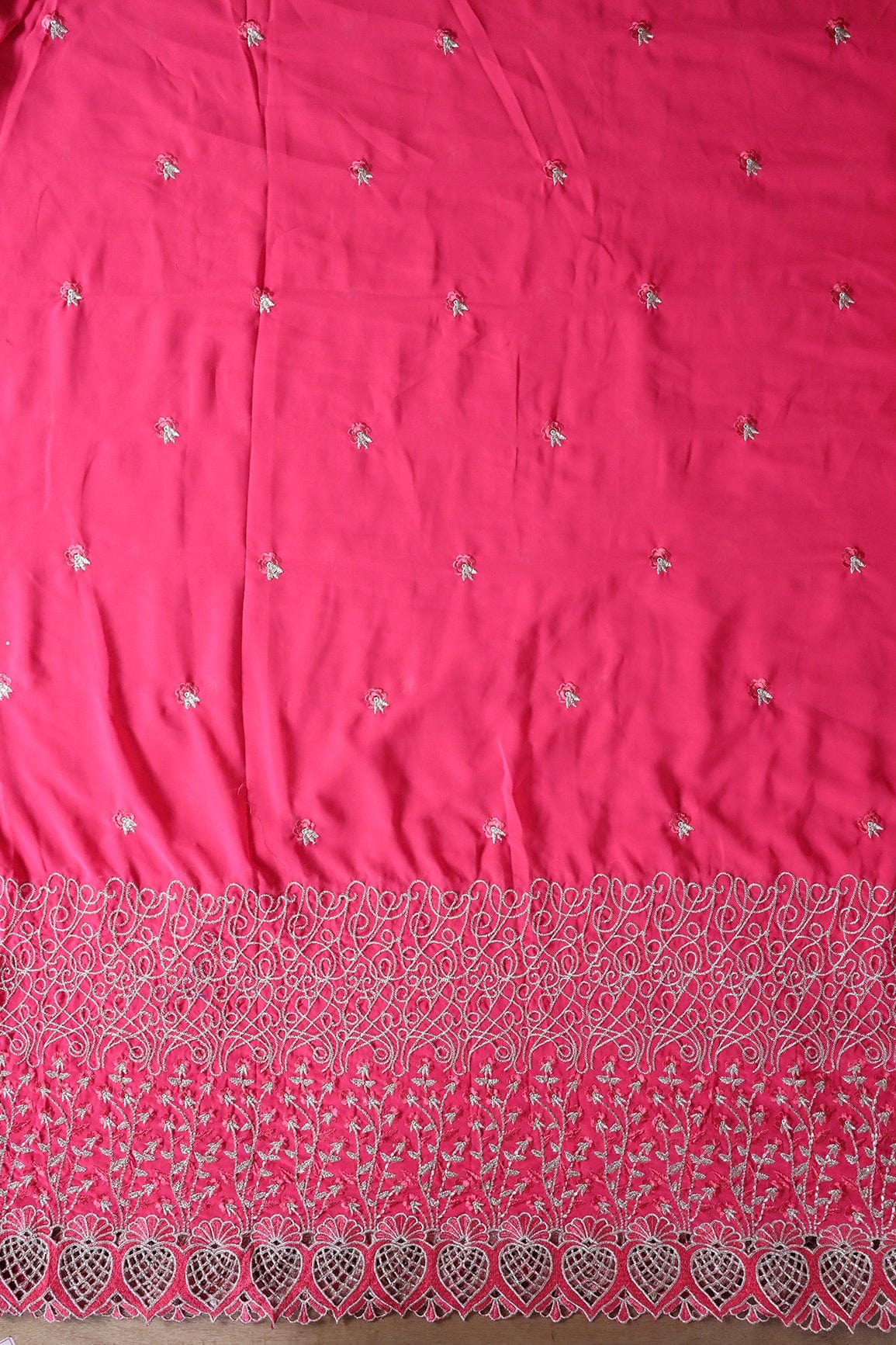 Big Width''56'' Pink Thread With Zari Floral Embroidery Work On Gajri Pink Georgette Fabric With Border - doeraa