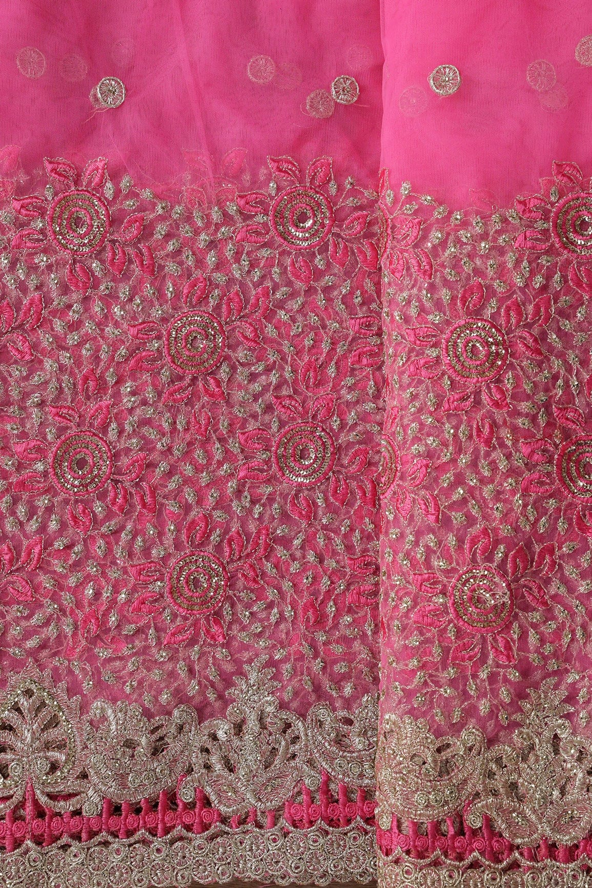 Big Width''56'' Pink Thread With Zari Floral Embroidery Work On Pink Soft Net Fabric With Border - doeraa