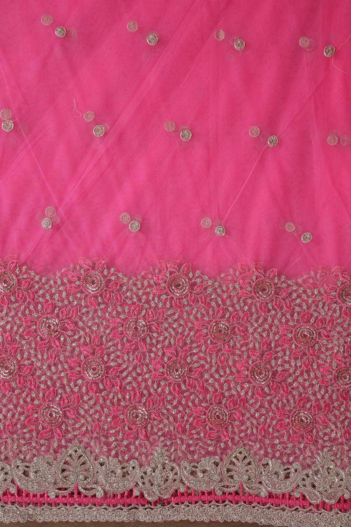 Big Width''56'' Pink Thread With Zari Floral Embroidery Work On Pink Soft Net Fabric With Border - doeraa