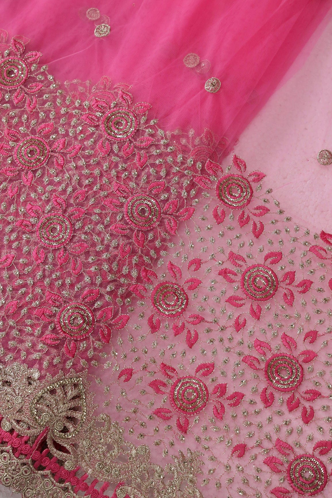 Big Width''56'' Pink Thread With Zari Floral Embroidery Work On Pink Soft Net Fabric With Border - doeraa