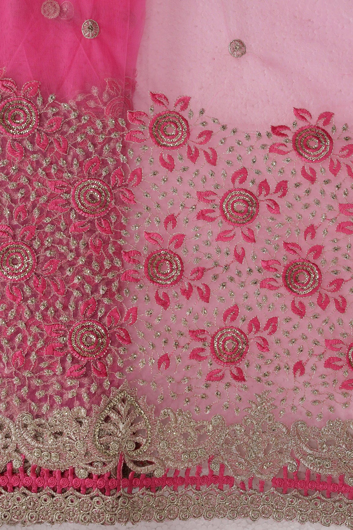 Big Width''56'' Pink Thread With Zari Floral Embroidery Work On Pink Soft Net Fabric With Border - doeraa