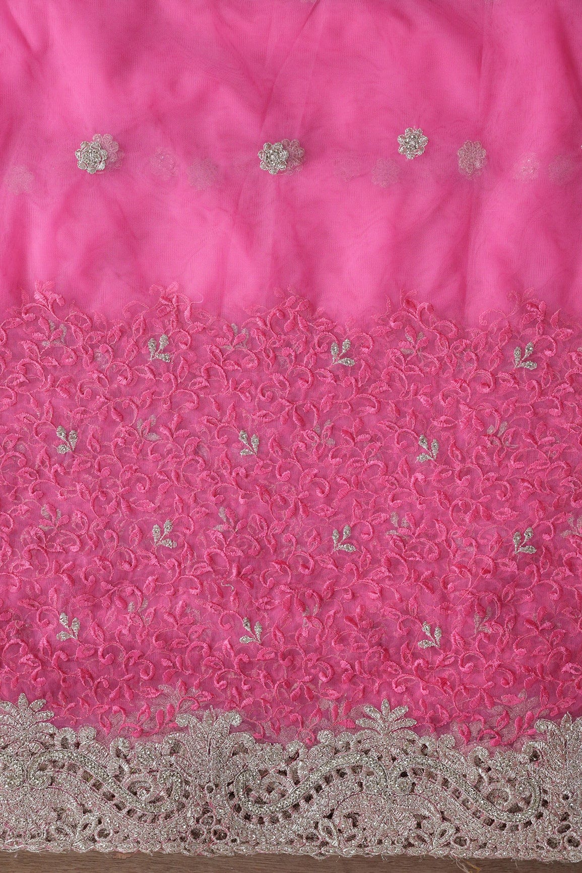 Big Width''56'' Pink Thread With Zari Leafy Embroidery Work On Pink Soft Net Fabric With Border - doeraa