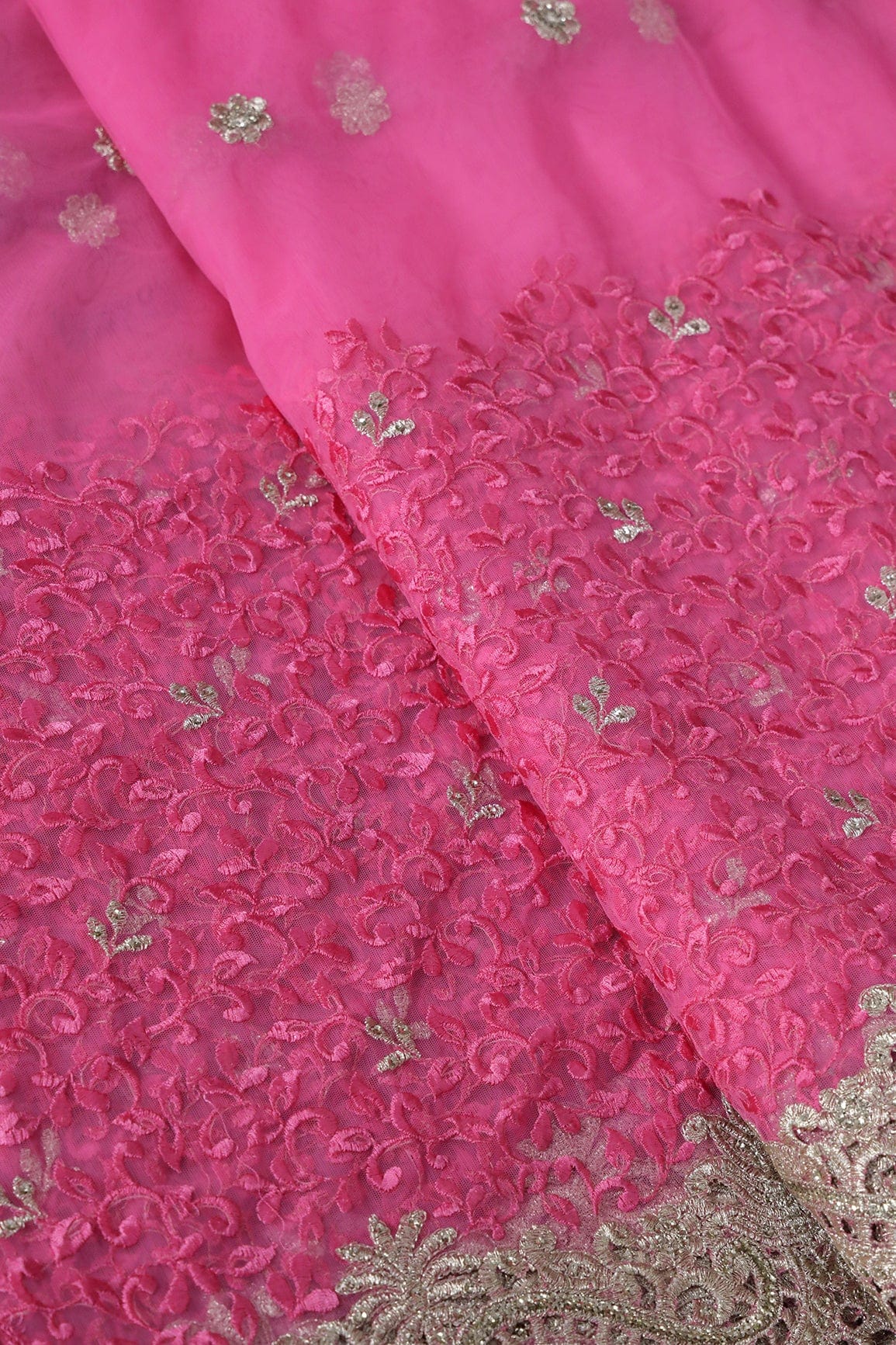 Big Width''56'' Pink Thread With Zari Leafy Embroidery Work On Pink Soft Net Fabric With Border - doeraa