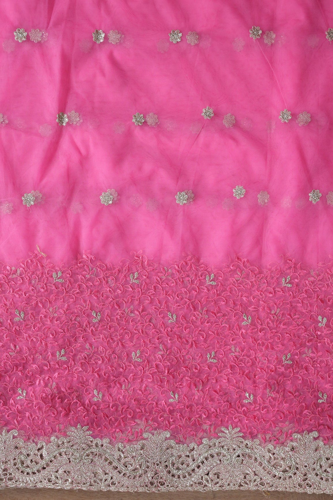 Big Width''56'' Pink Thread With Zari Leafy Embroidery Work On Pink Soft Net Fabric With Border - doeraa