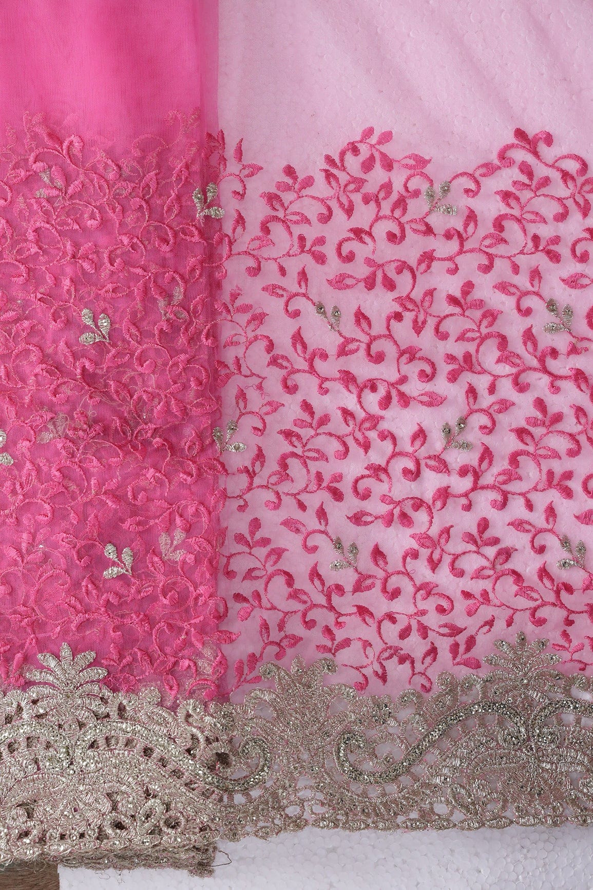 Big Width''56'' Pink Thread With Zari Leafy Embroidery Work On Pink Soft Net Fabric With Border - doeraa