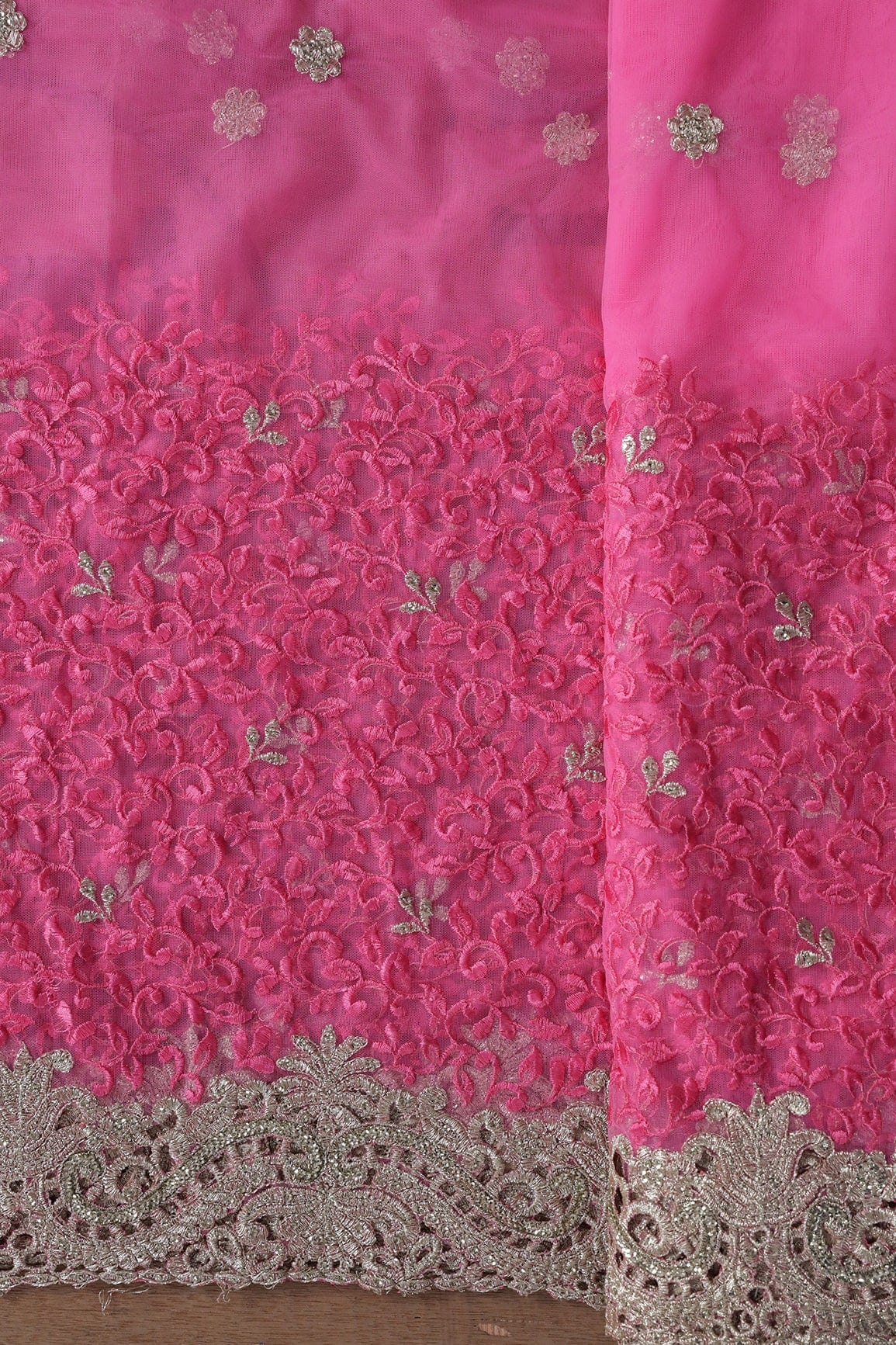 Big Width''56'' Pink Thread With Zari Leafy Embroidery Work On Pink Soft Net Fabric With Border - doeraa
