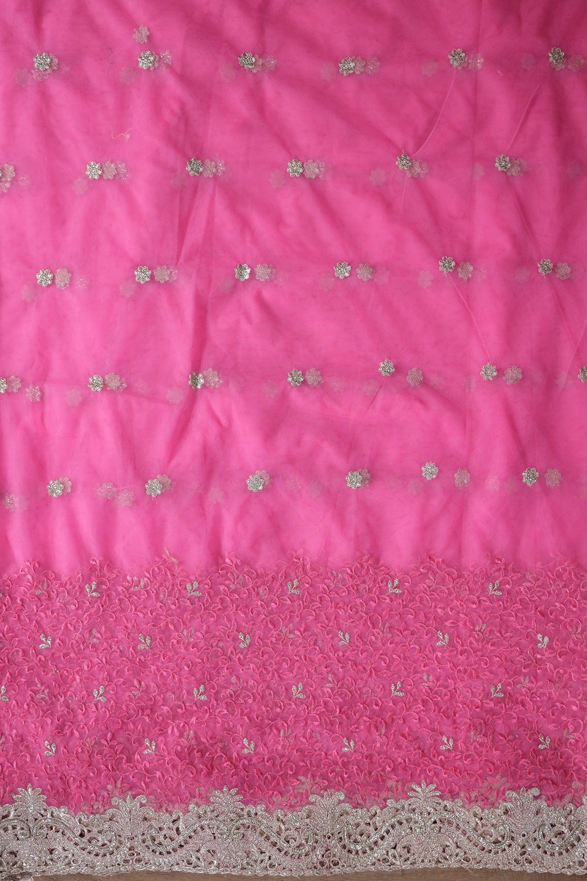 Big Width''56'' Pink Thread With Zari Leafy Embroidery Work On Pink Soft Net Fabric With Border - doeraa