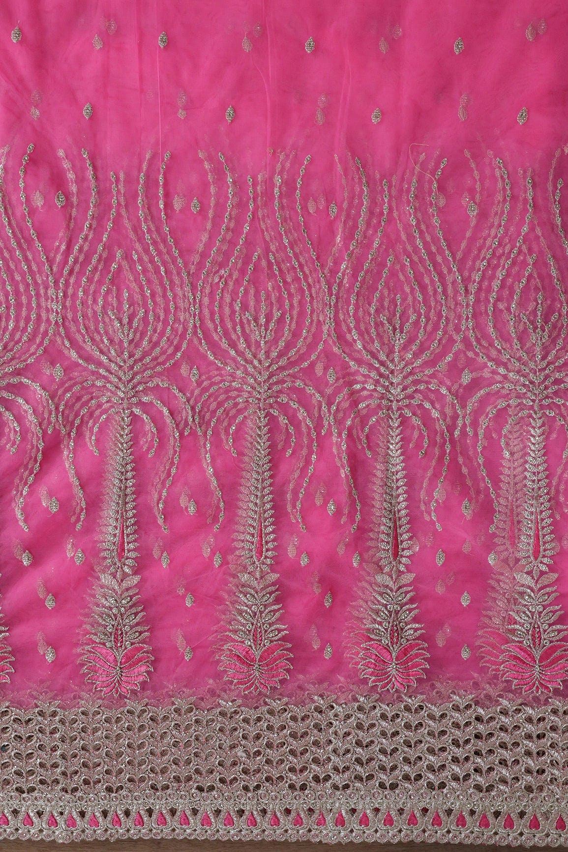 Big Width''56'' Pink Thread With Zari Traditional Embroidery Work On Pink Soft Net Fabric With Border - doeraa