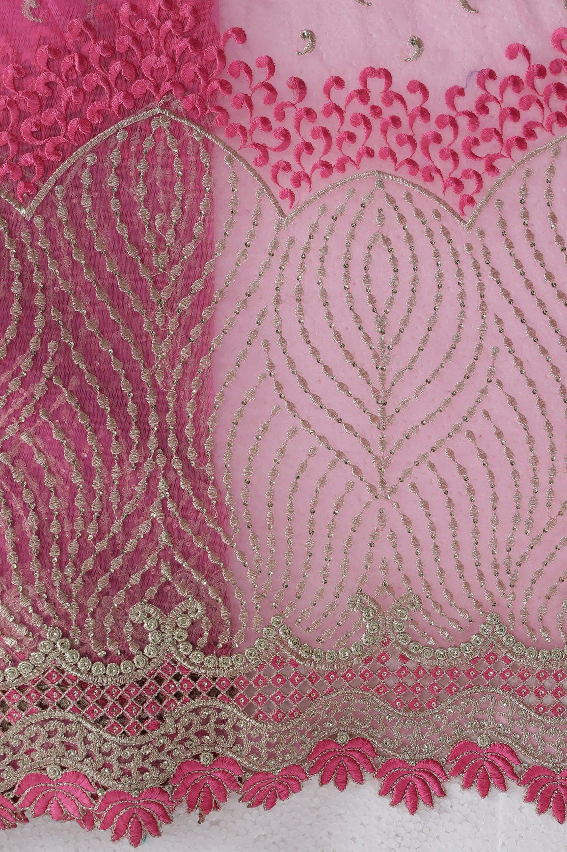 Big Width''56'' Pink Thread With Zari Traditional Embroidery Work On Pink Soft Net Fabric With Border - doeraa