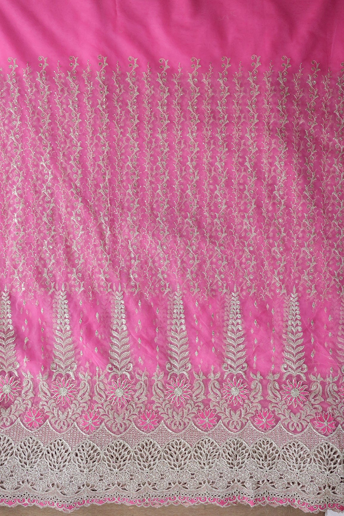 Big Width''56'' Pink Thread With Zari Traditional Embroidery Work On Pink Soft Net Fabric With Border - doeraa