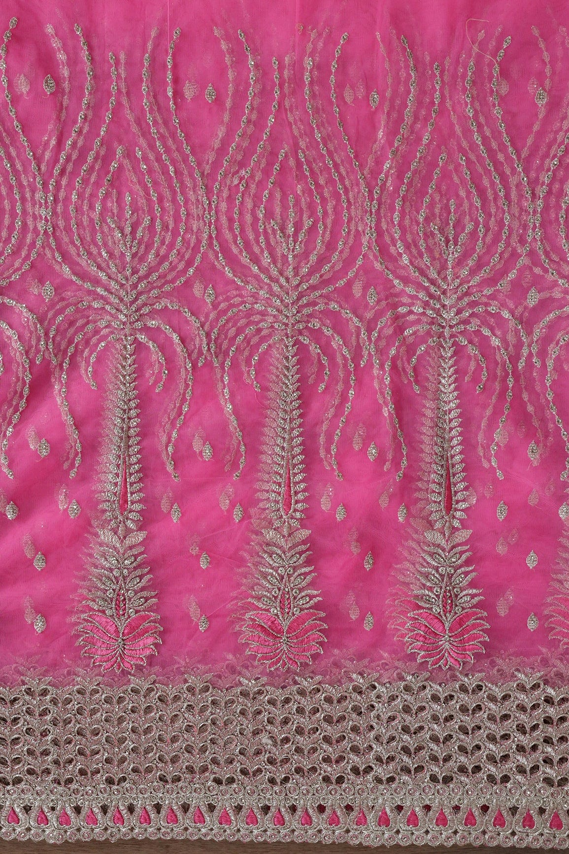 Big Width''56'' Pink Thread With Zari Traditional Embroidery Work On Pink Soft Net Fabric With Border - doeraa