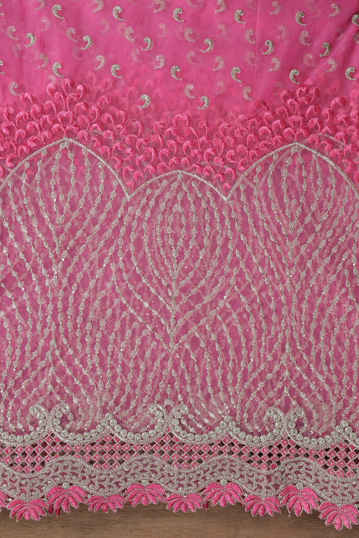 Big Width''56'' Pink Thread With Zari Traditional Embroidery Work On Pink Soft Net Fabric With Border - doeraa