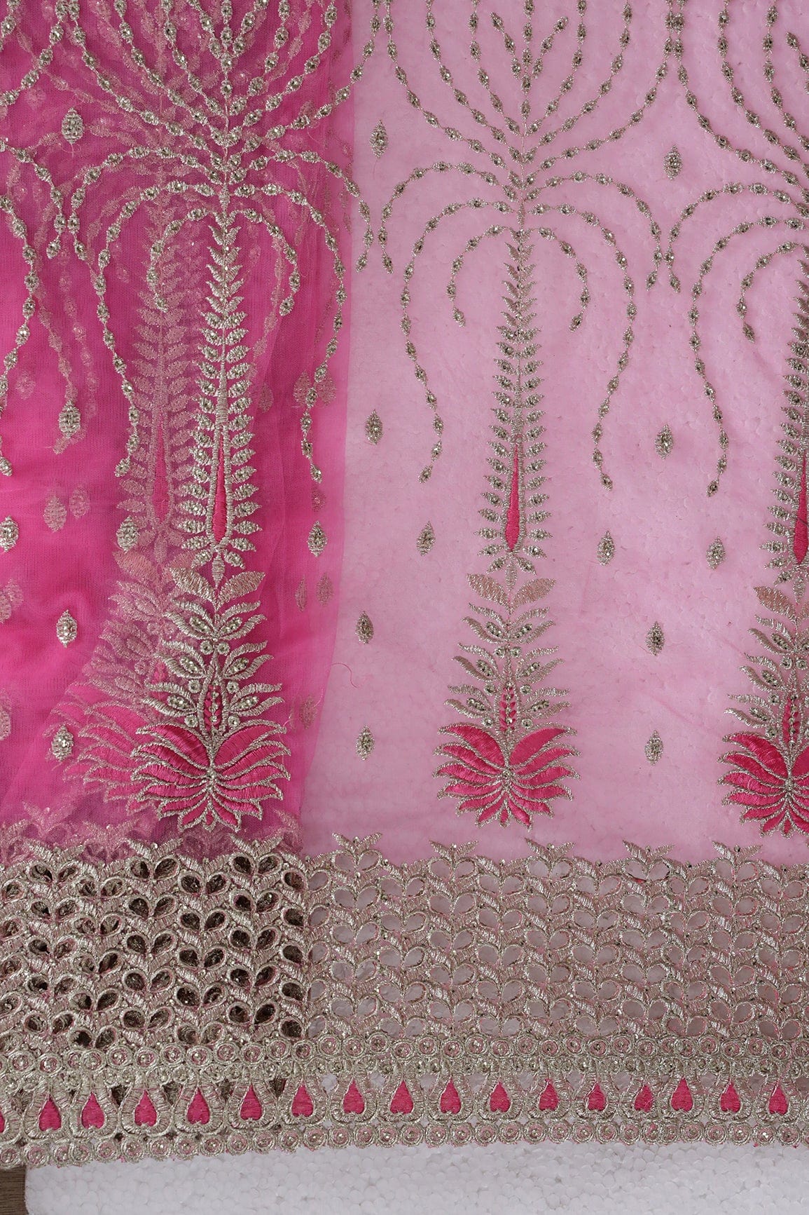 Big Width''56'' Pink Thread With Zari Traditional Embroidery Work On Pink Soft Net Fabric With Border - doeraa