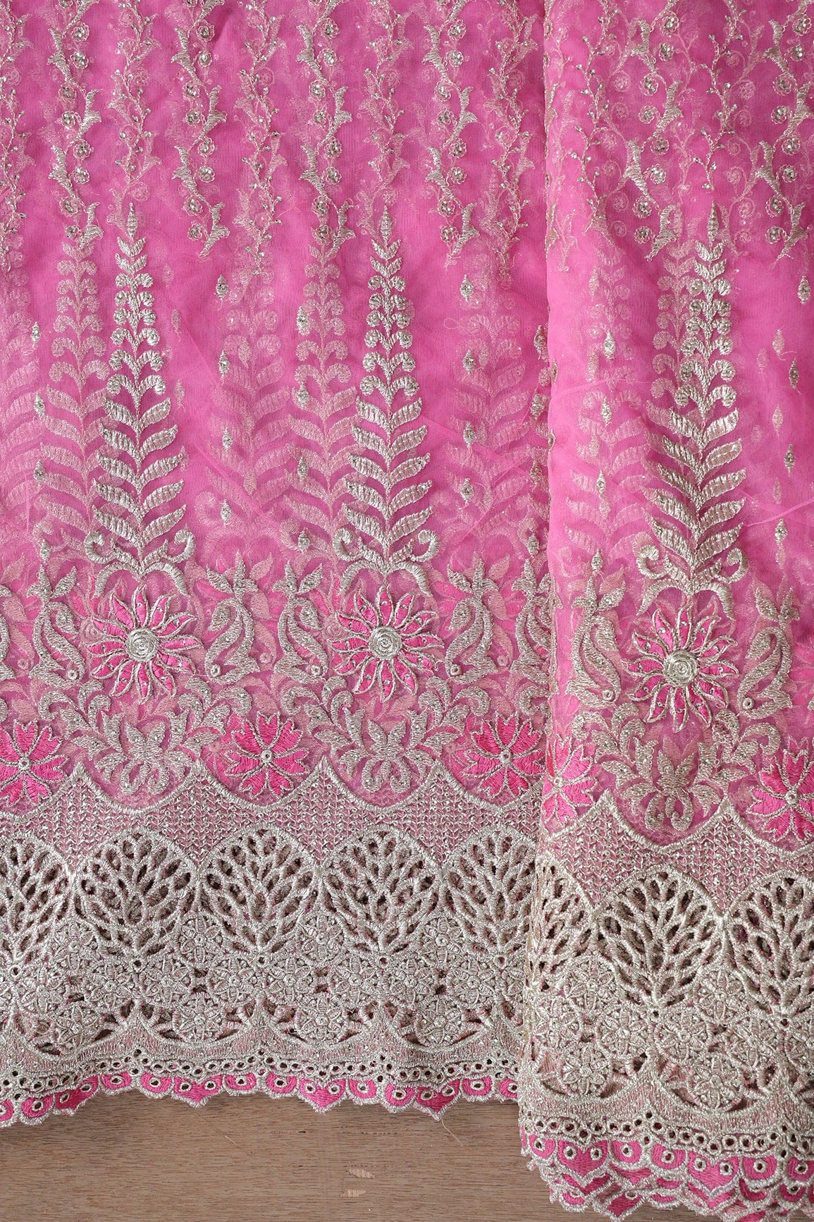 Big Width''56'' Pink Thread With Zari Traditional Embroidery Work On Pink Soft Net Fabric With Border - doeraa