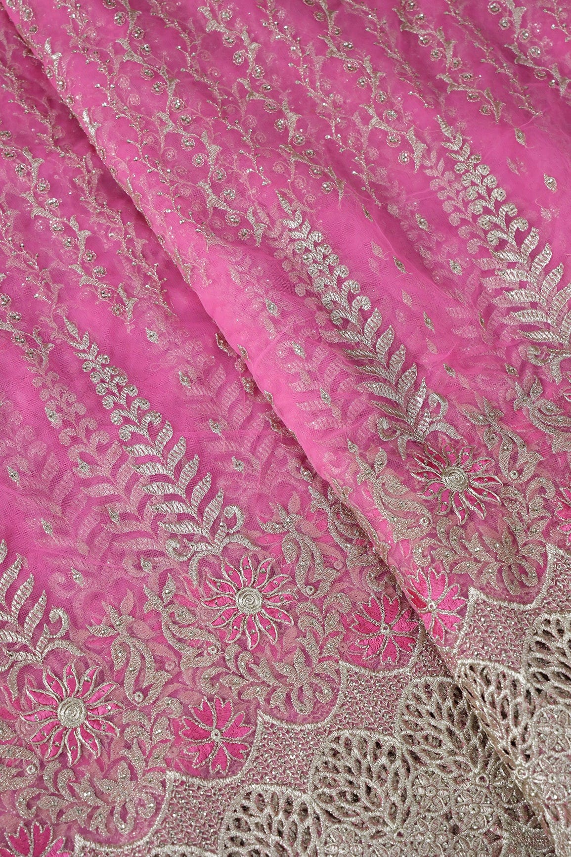 Big Width''56'' Pink Thread With Zari Traditional Embroidery Work On Pink Soft Net Fabric With Border - doeraa