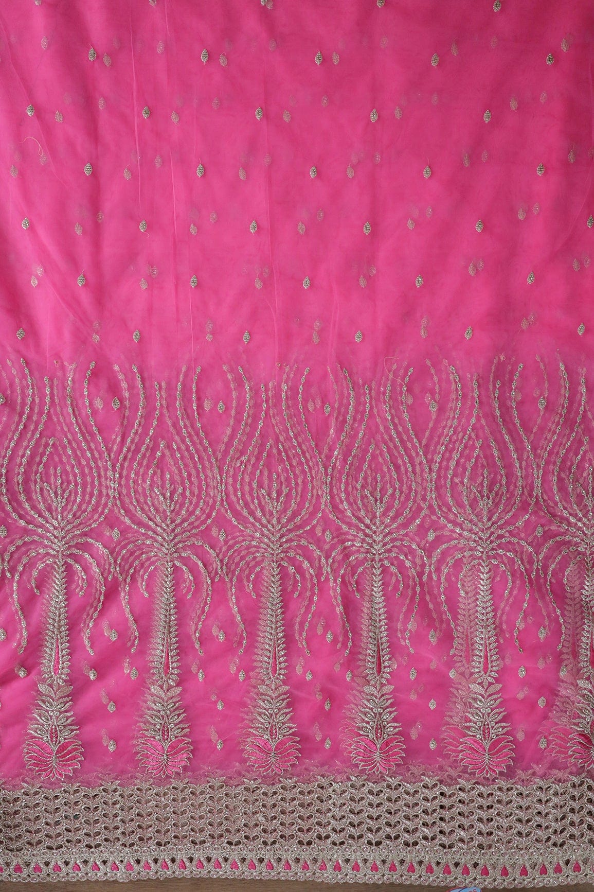 Big Width''56'' Pink Thread With Zari Traditional Embroidery Work On Pink Soft Net Fabric With Border - doeraa