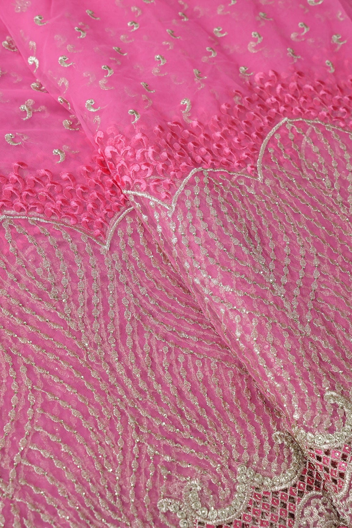 Big Width''56'' Pink Thread With Zari Traditional Embroidery Work On Pink Soft Net Fabric With Border - doeraa