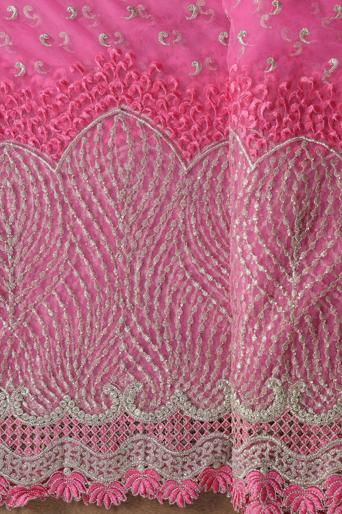 Big Width''56'' Pink Thread With Zari Traditional Embroidery Work On Pink Soft Net Fabric With Border - doeraa