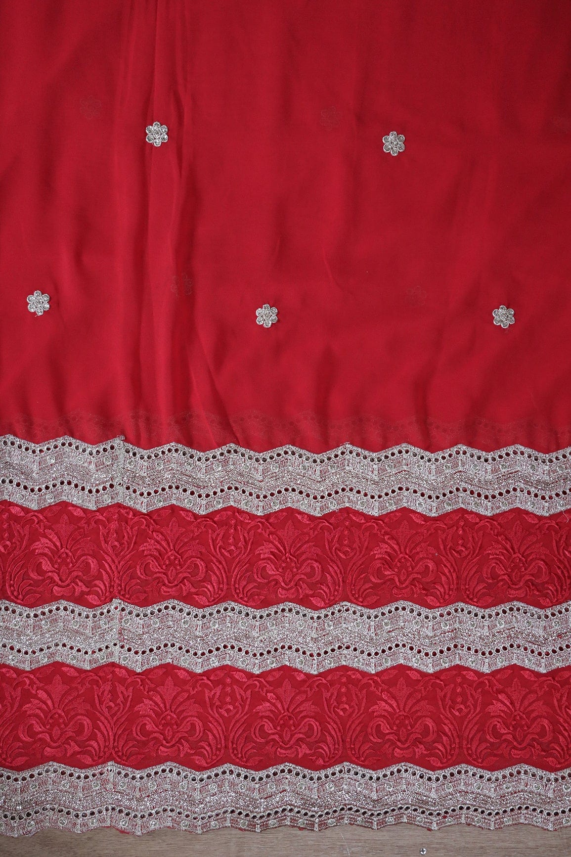 Big Width''56'' Red Thread With Zari Ethnic Embroidery Work On Red Georgette Fabric With Border - doeraa