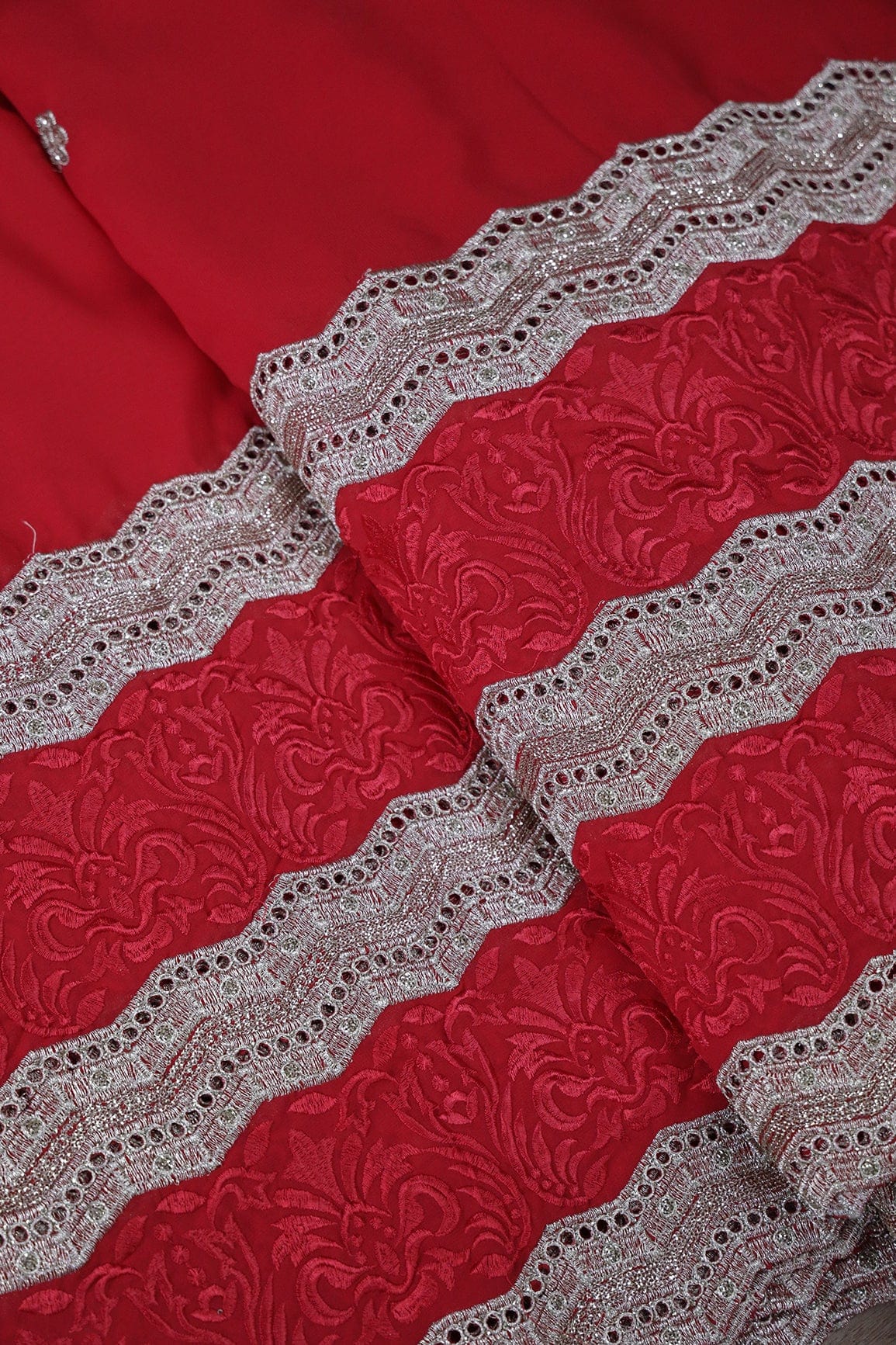 Big Width''56'' Red Thread With Zari Ethnic Embroidery Work On Red Georgette Fabric With Border - doeraa