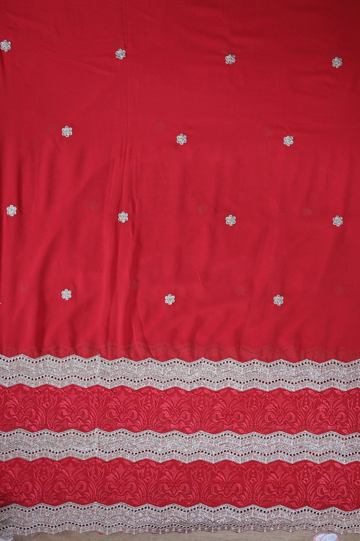 Big Width''56'' Red Thread With Zari Ethnic Embroidery Work On Red Georgette Fabric With Border - doeraa