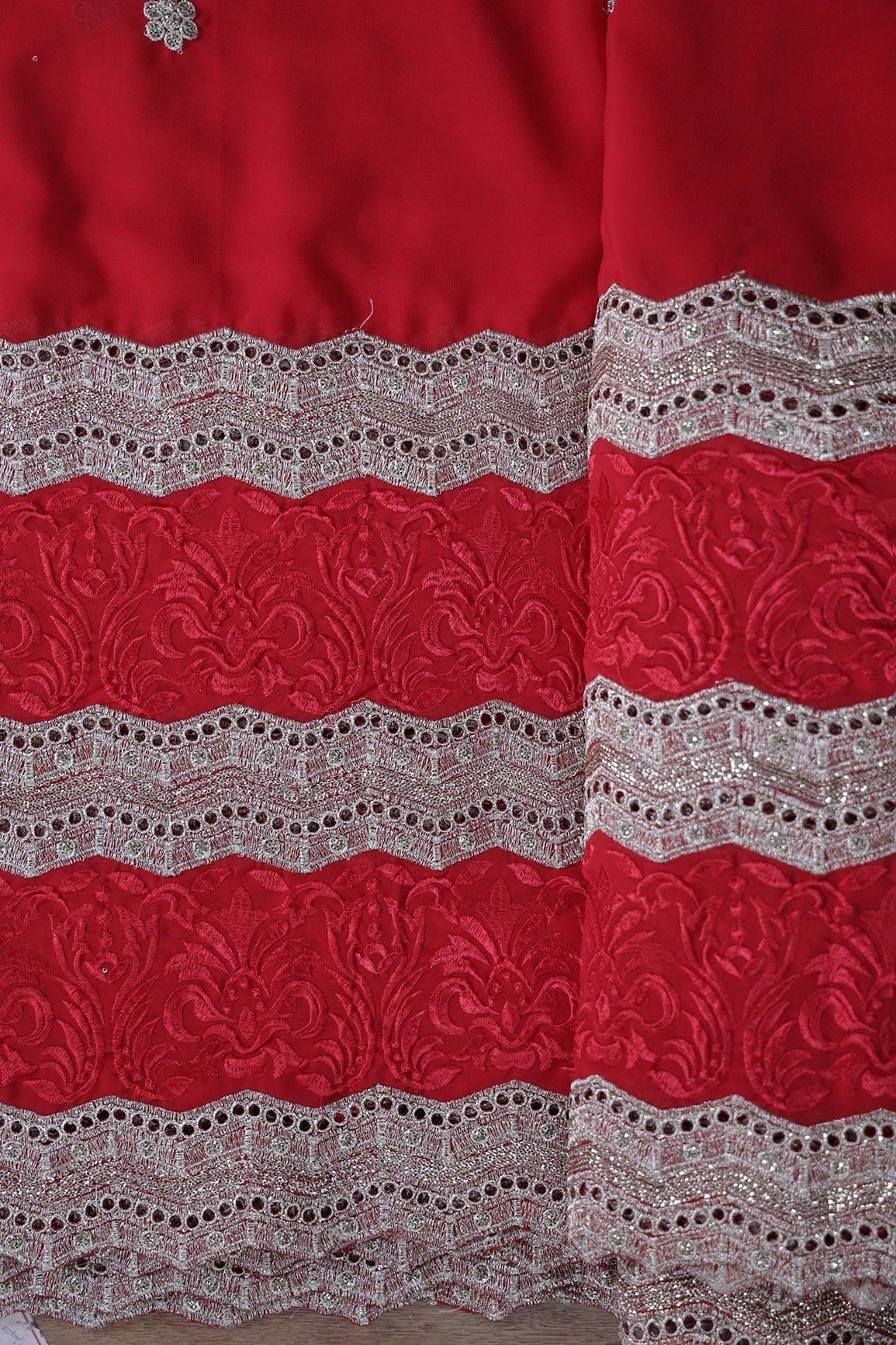 Big Width''56'' Red Thread With Zari Ethnic Embroidery Work On Red Georgette Fabric With Border - doeraa