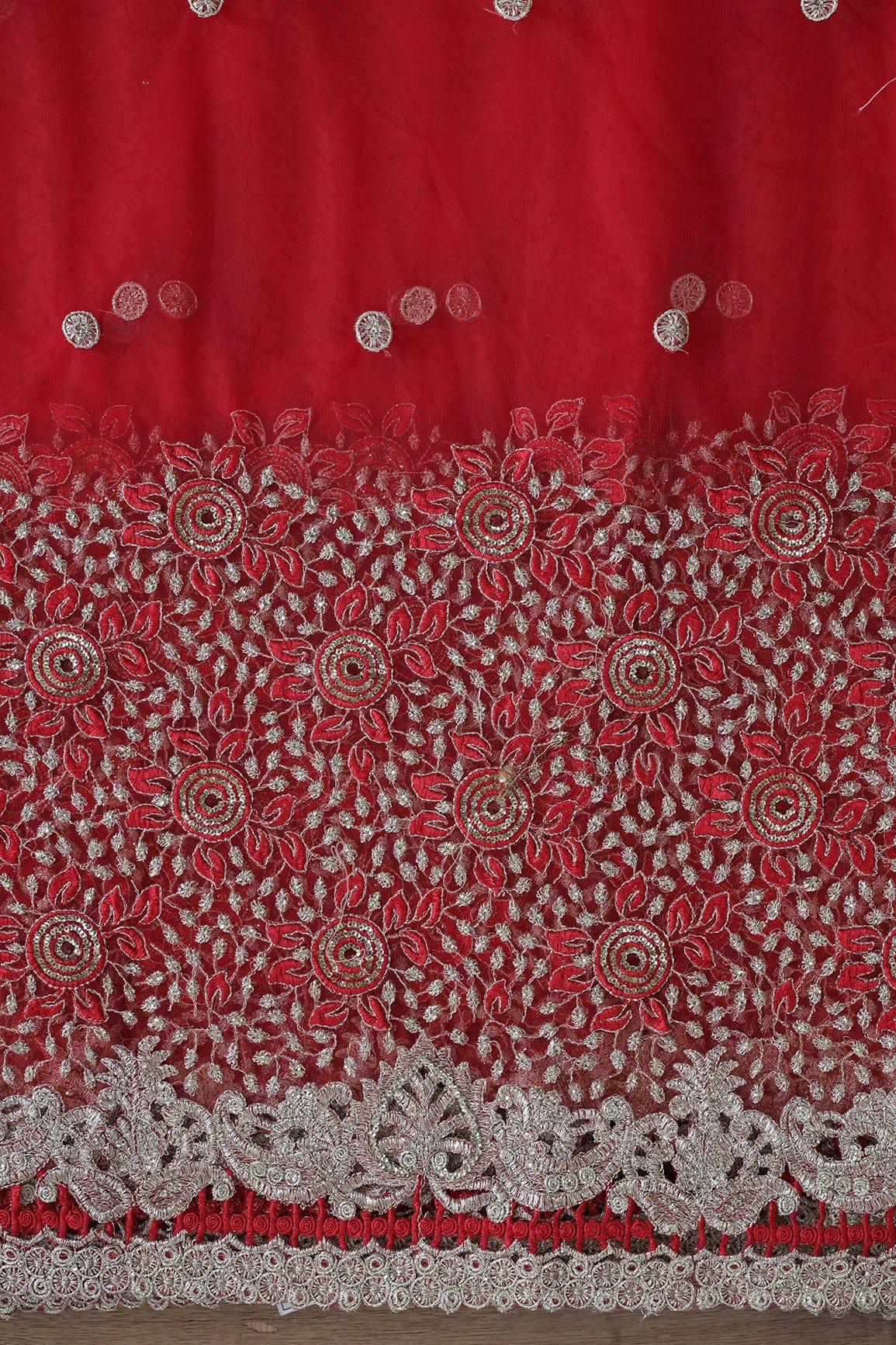 Big Width''56'' Red Thread With Zari Floral Embroidery Work On Red Soft Net Fabric With Border - doeraa