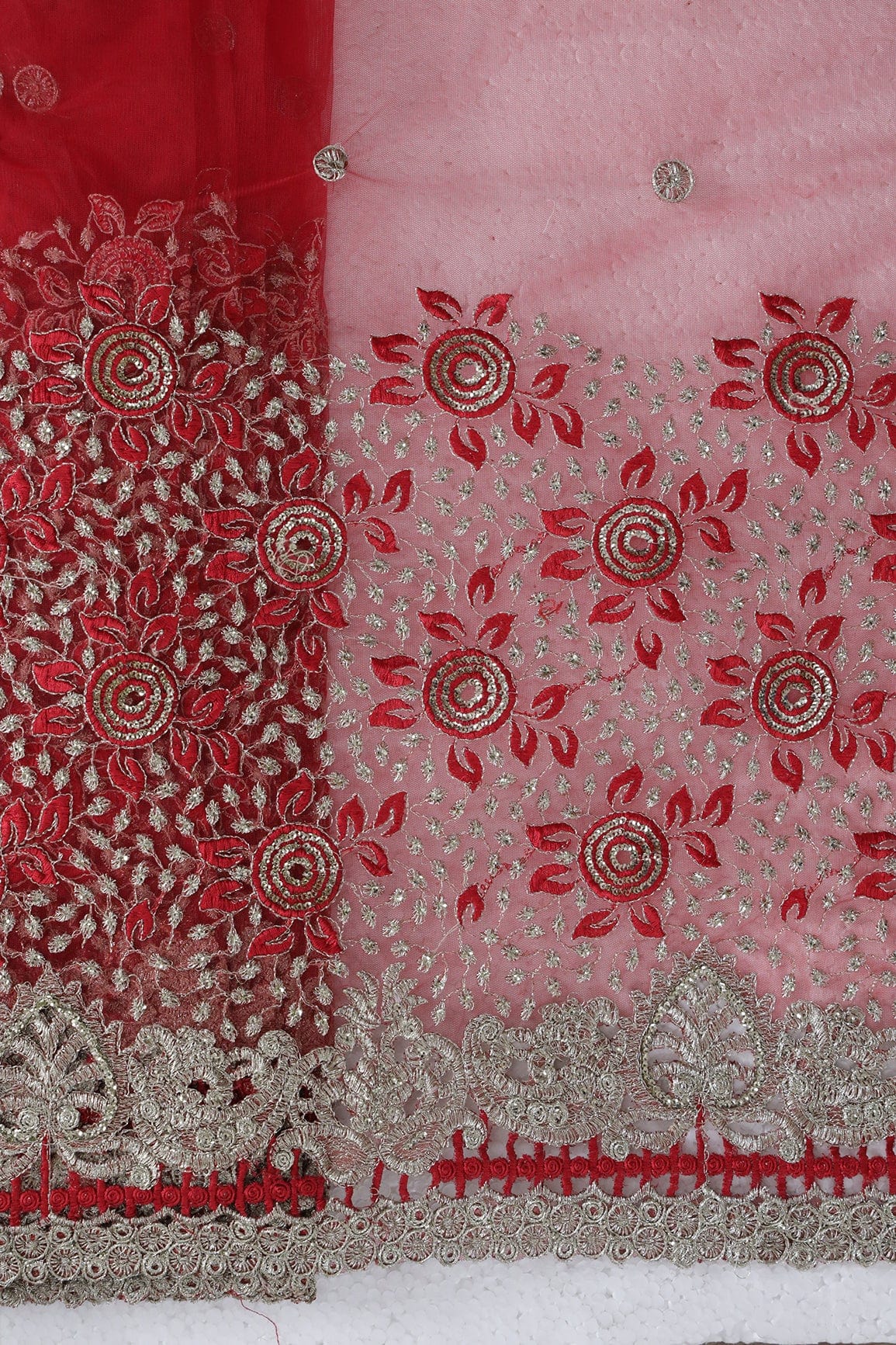 Big Width''56'' Red Thread With Zari Floral Embroidery Work On Red Soft Net Fabric With Border - doeraa