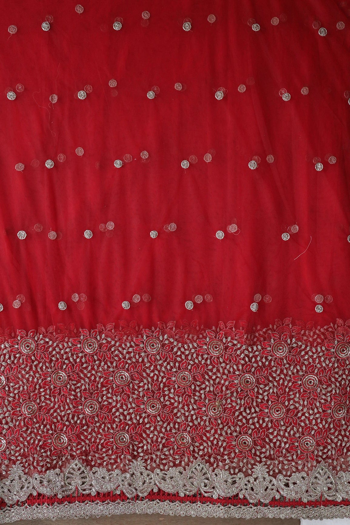 Big Width''56'' Red Thread With Zari Floral Embroidery Work On Red Soft Net Fabric With Border - doeraa