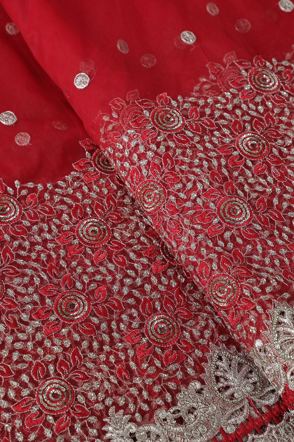 Big Width''56'' Red Thread With Zari Floral Embroidery Work On Red Soft Net Fabric With Border - doeraa