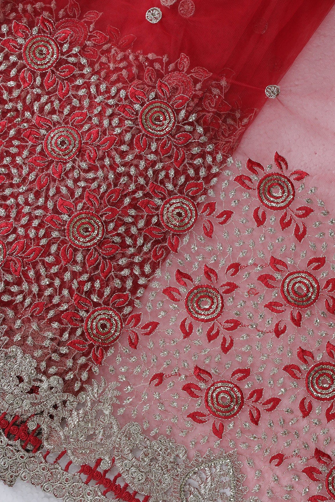 Big Width''56'' Red Thread With Zari Floral Embroidery Work On Red Soft Net Fabric With Border - doeraa