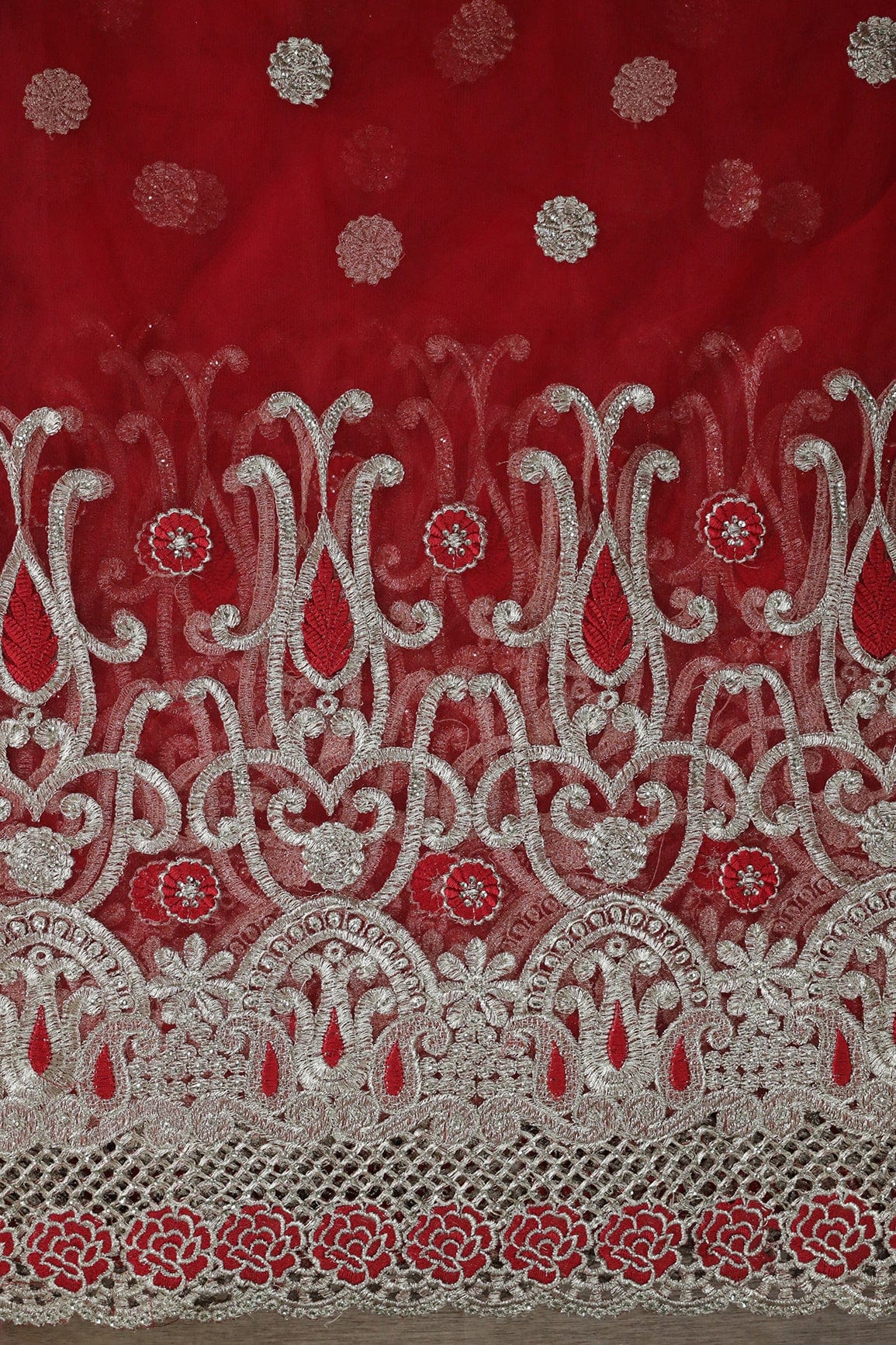 Big Width''56'' Red Thread With Zari Traditional Embroidery Work On Red Soft Net Fabric With Border - doeraa