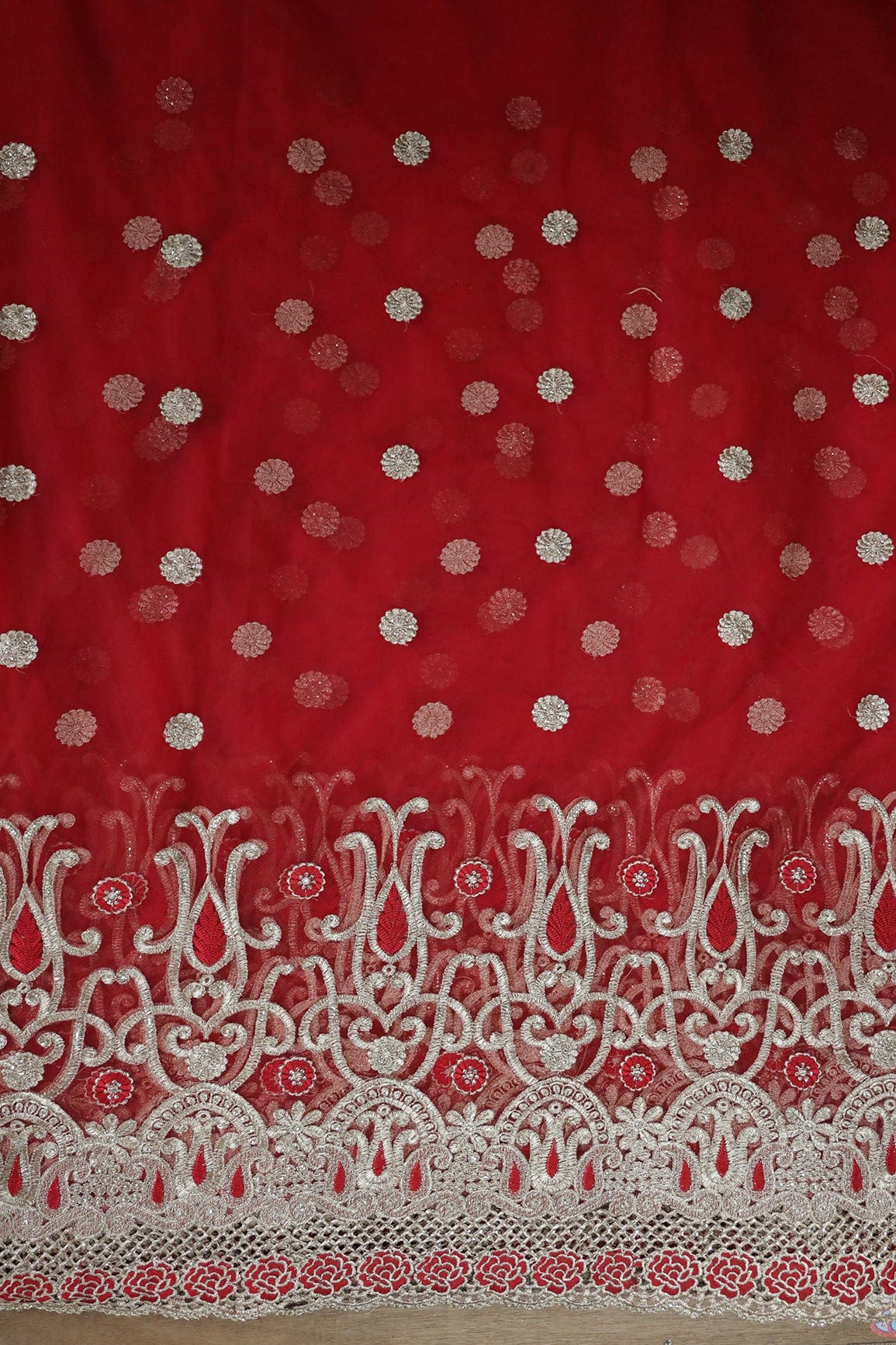 Big Width''56'' Red Thread With Zari Traditional Embroidery Work On Red Soft Net Fabric With Border - doeraa