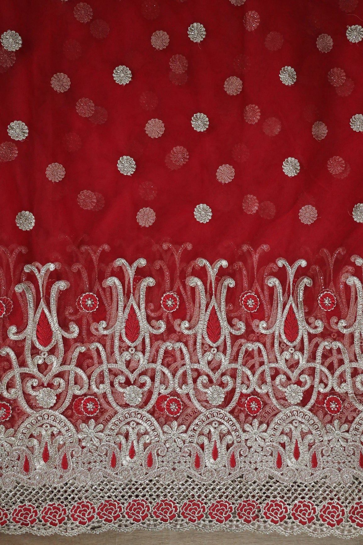 Big Width''56'' Red Thread With Zari Traditional Embroidery Work On Red Soft Net Fabric With Border - doeraa