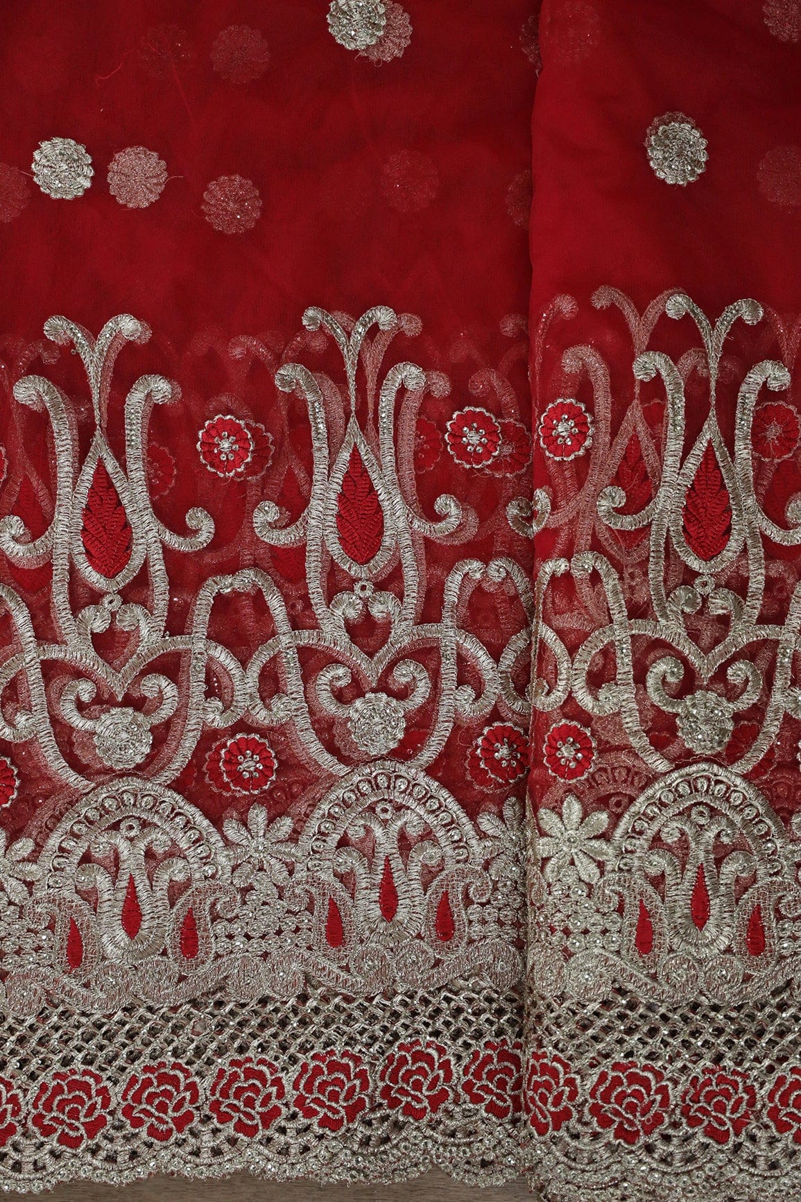 Big Width''56'' Red Thread With Zari Traditional Embroidery Work On Red Soft Net Fabric With Border - doeraa