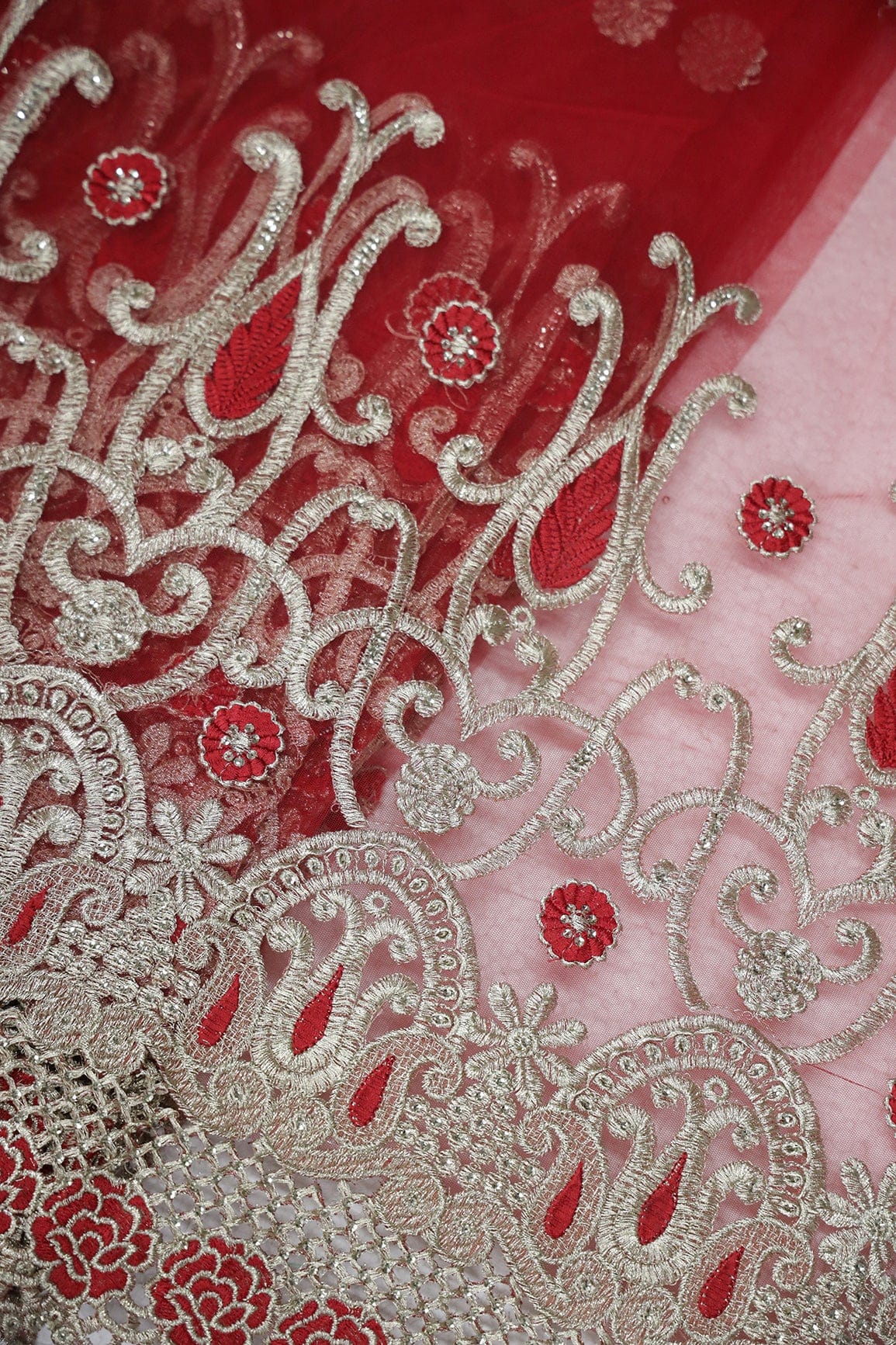 Big Width''56'' Red Thread With Zari Traditional Embroidery Work On Red Soft Net Fabric With Border - doeraa