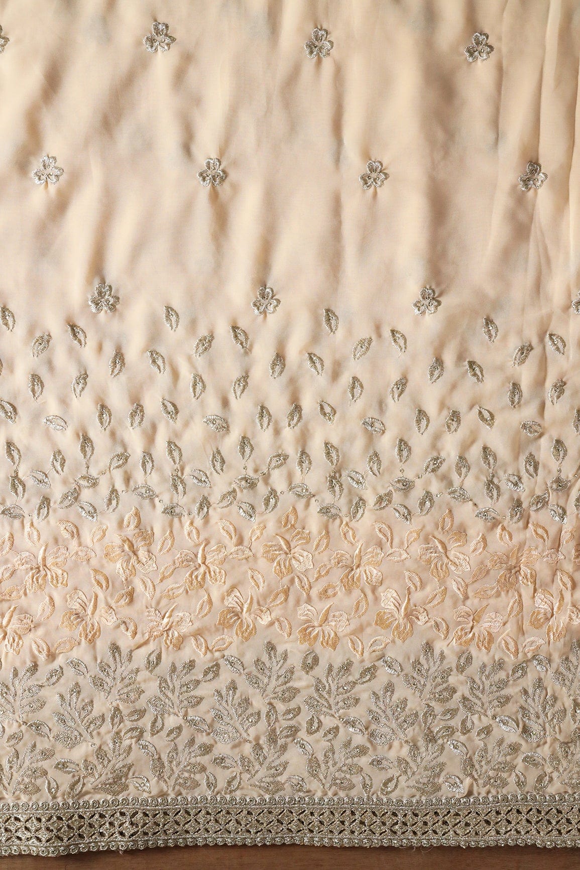 Big Width''56'' Silver Zari Leafy Embroidery Work On Beige Georgette Fabric With Border - doeraa