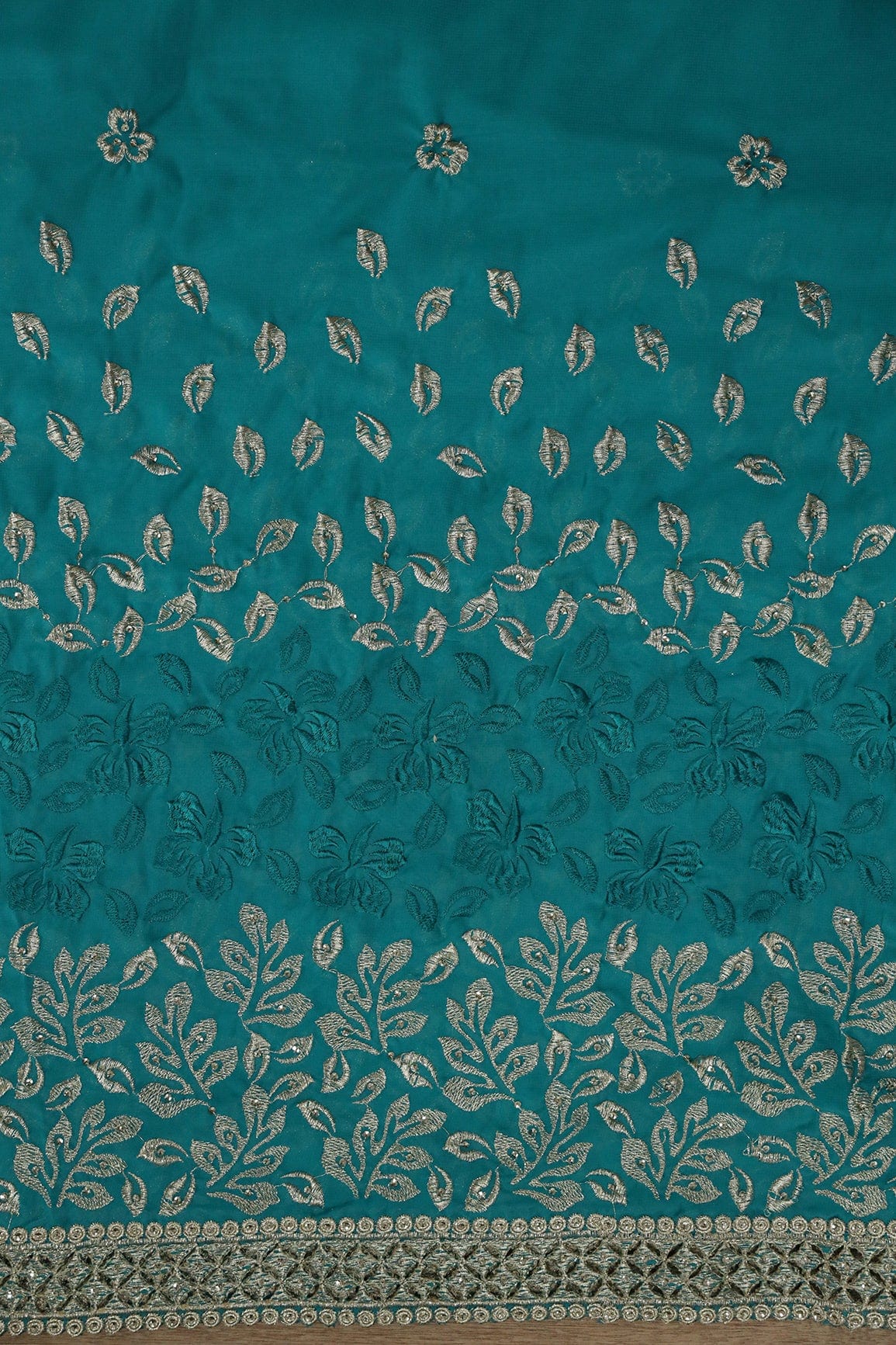 Big Width''56'' Silver Zari Leafy Embroidery Work On Rama Georgette Fabric With Border - doeraa