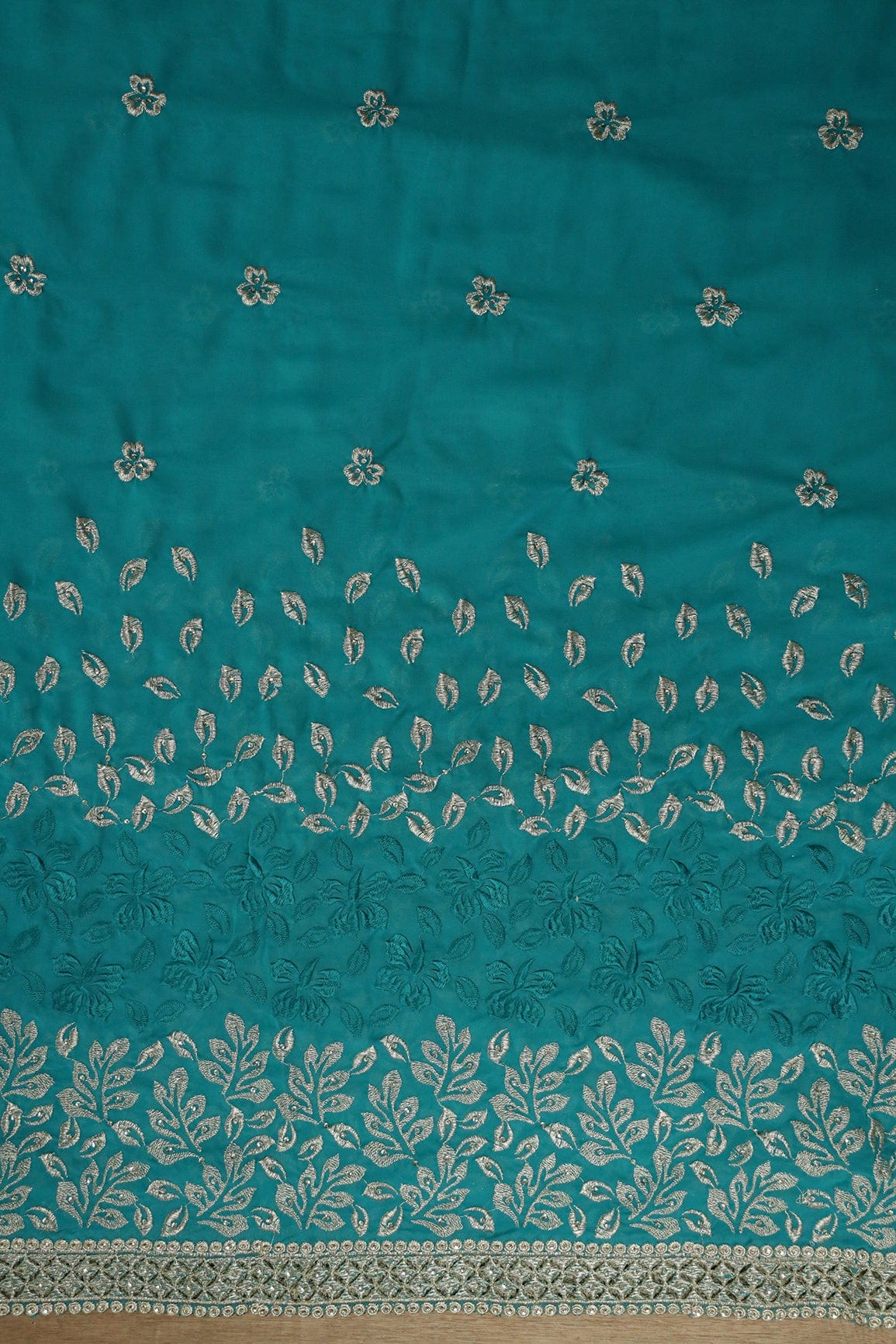 Big Width''56'' Silver Zari Leafy Embroidery Work On Rama Georgette Fabric With Border - doeraa