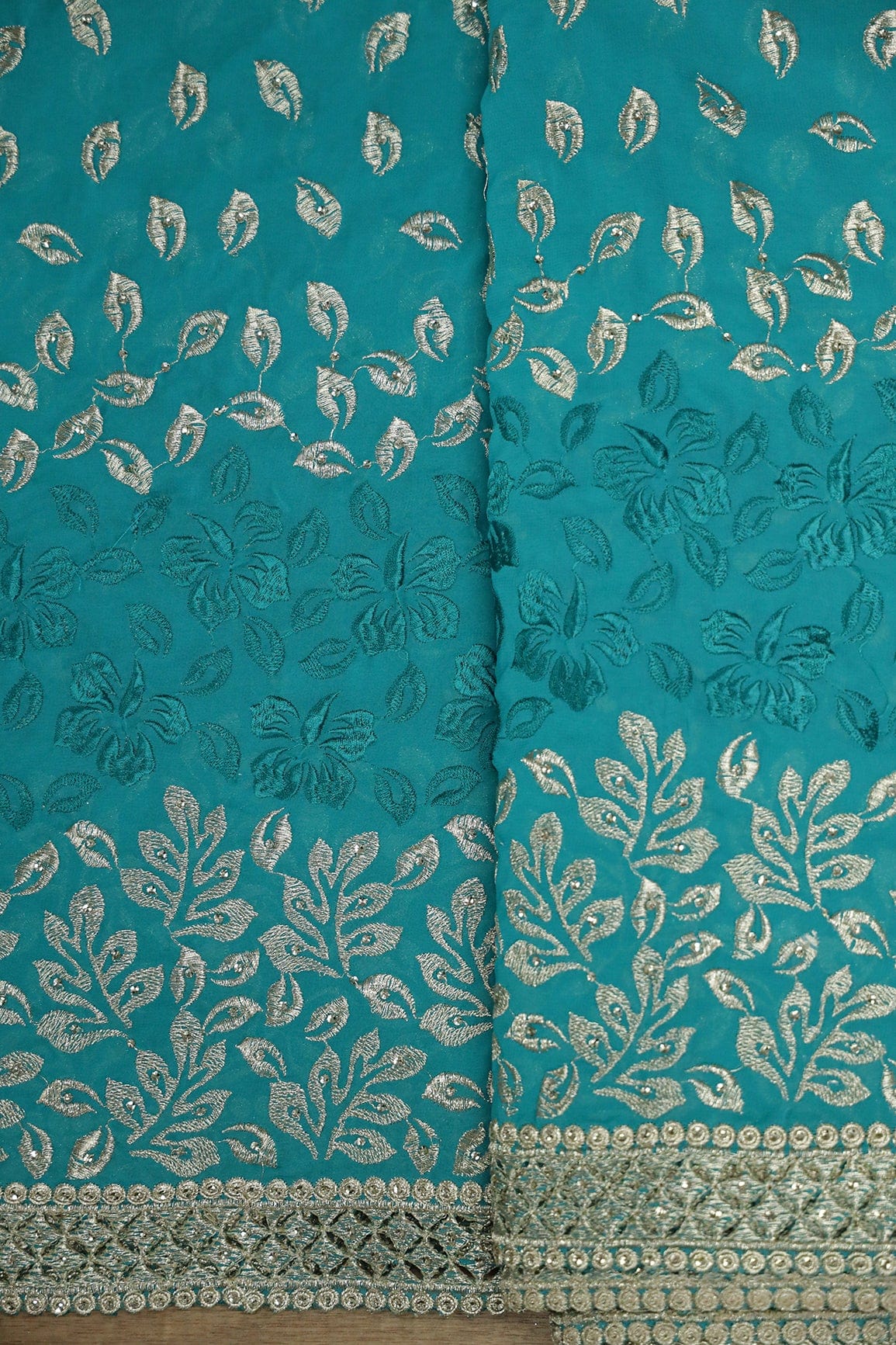 Big Width''56'' Silver Zari Leafy Embroidery Work On Rama Georgette Fabric With Border - doeraa