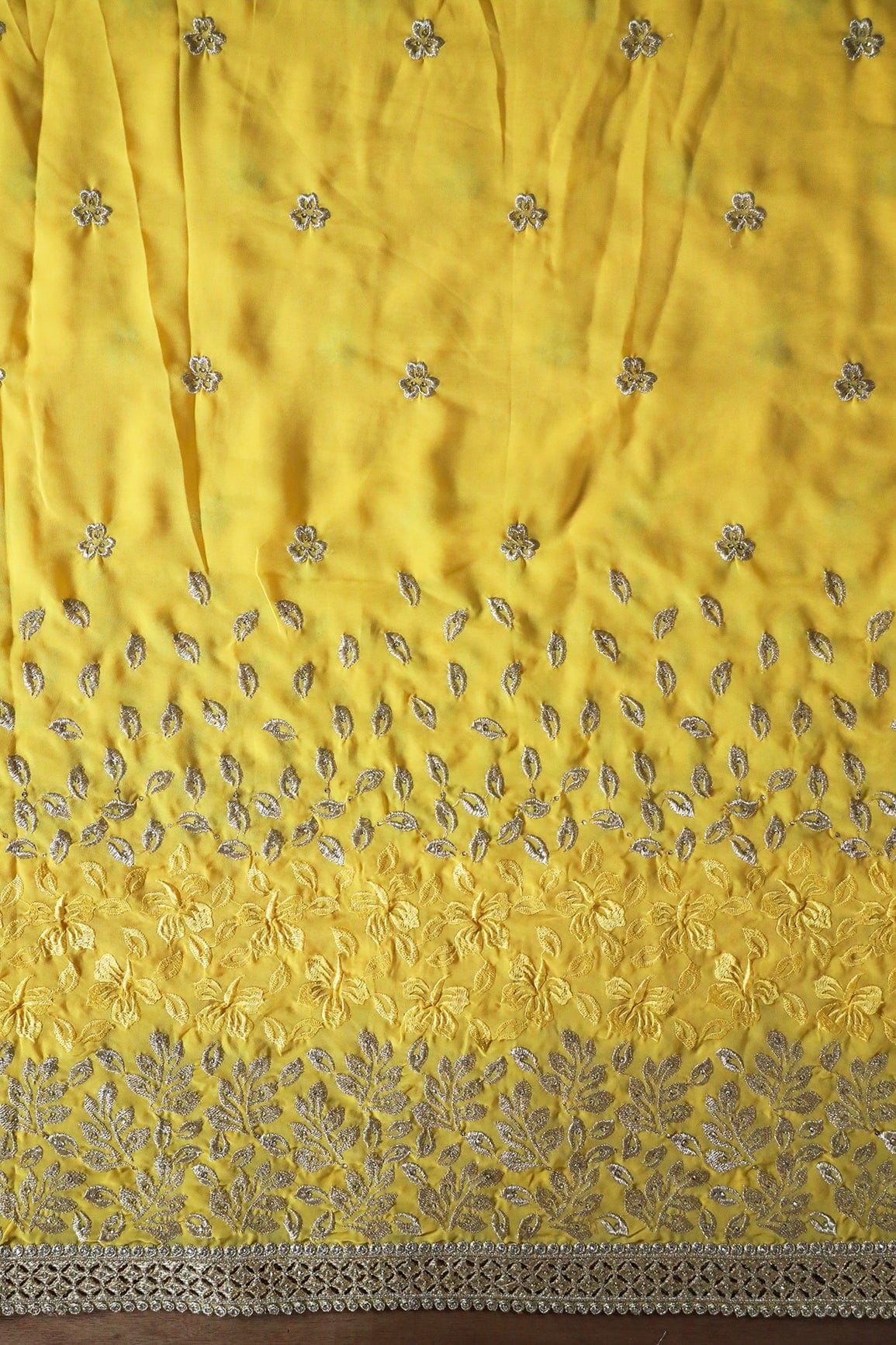 Big Width''56'' Silver Zari Leafy Embroidery Work On Yellow Georgette Fabric With Border - doeraa
