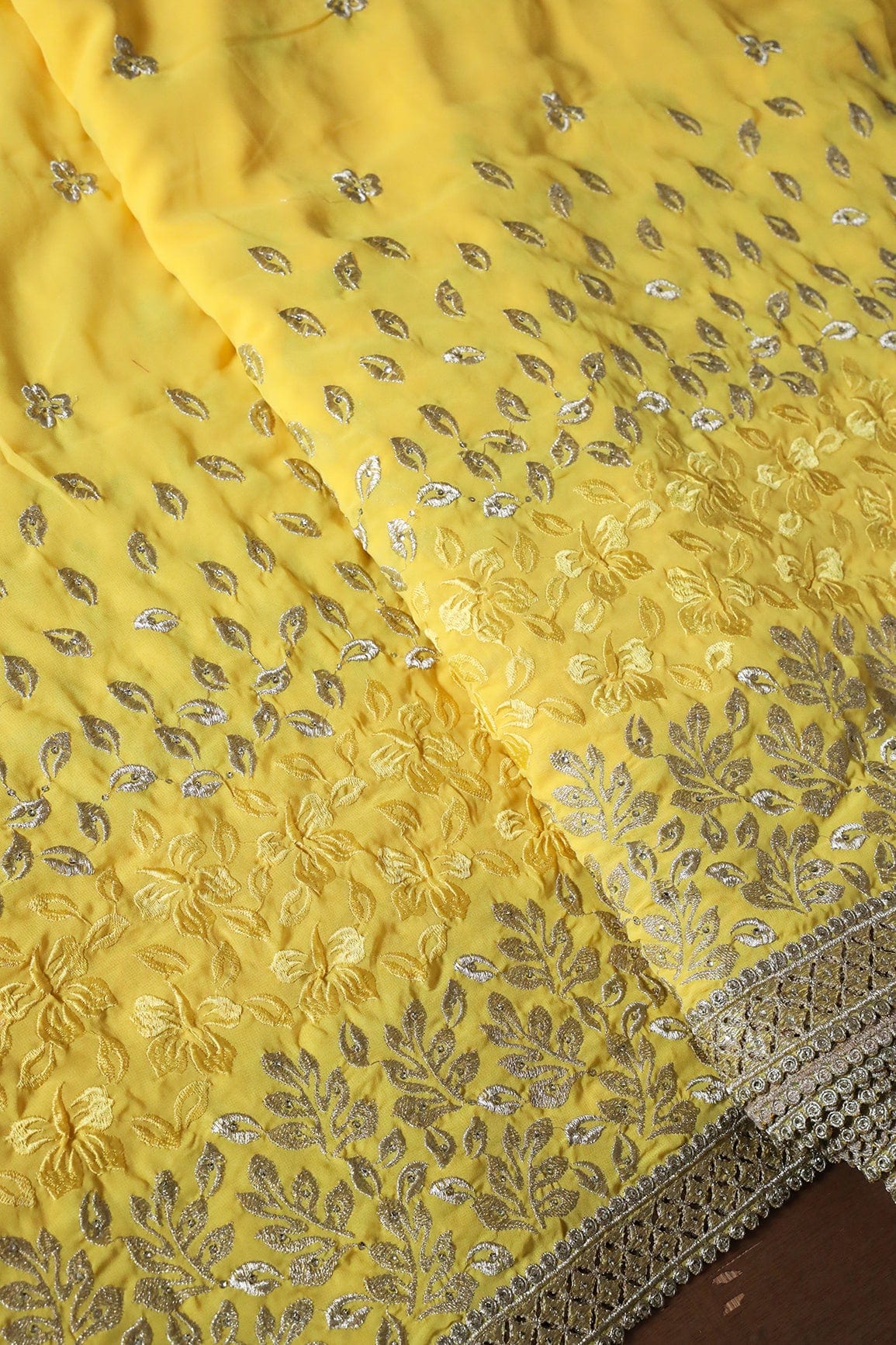Big Width''56'' Silver Zari Leafy Embroidery Work On Yellow Georgette Fabric With Border - doeraa