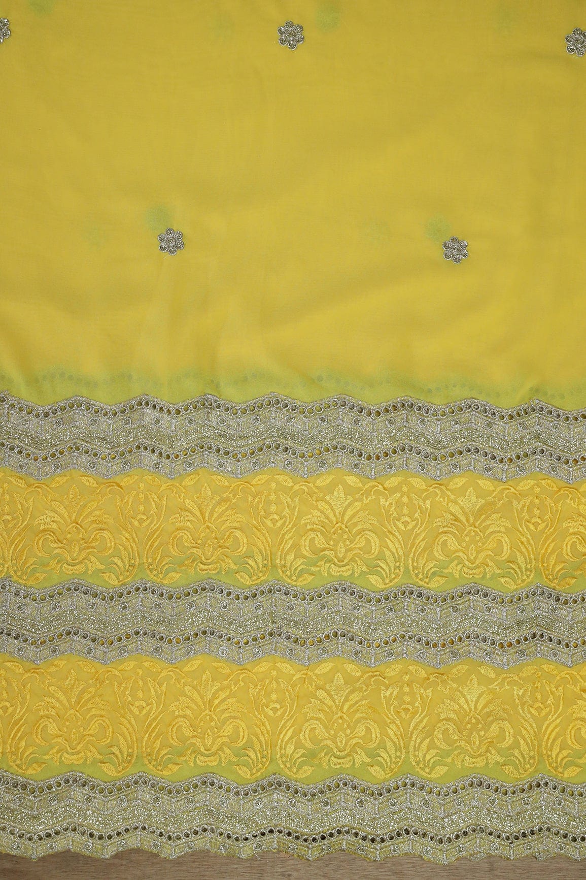 Big Width''56'' Yellow Thread With Zari Ethnic Embroidery Work On Yellow Georgette Fabric With Border - doeraa