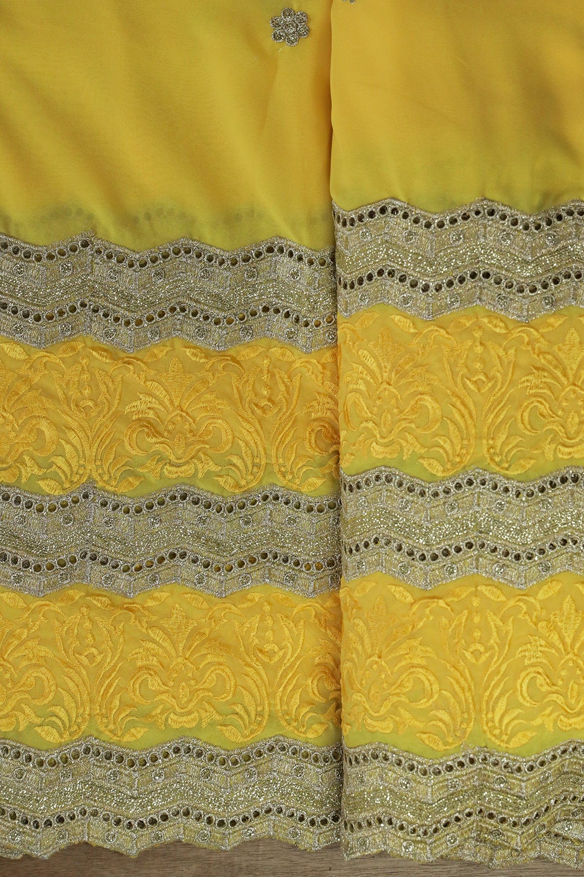 Big Width''56'' Yellow Thread With Zari Ethnic Embroidery Work On Yellow Georgette Fabric With Border - doeraa